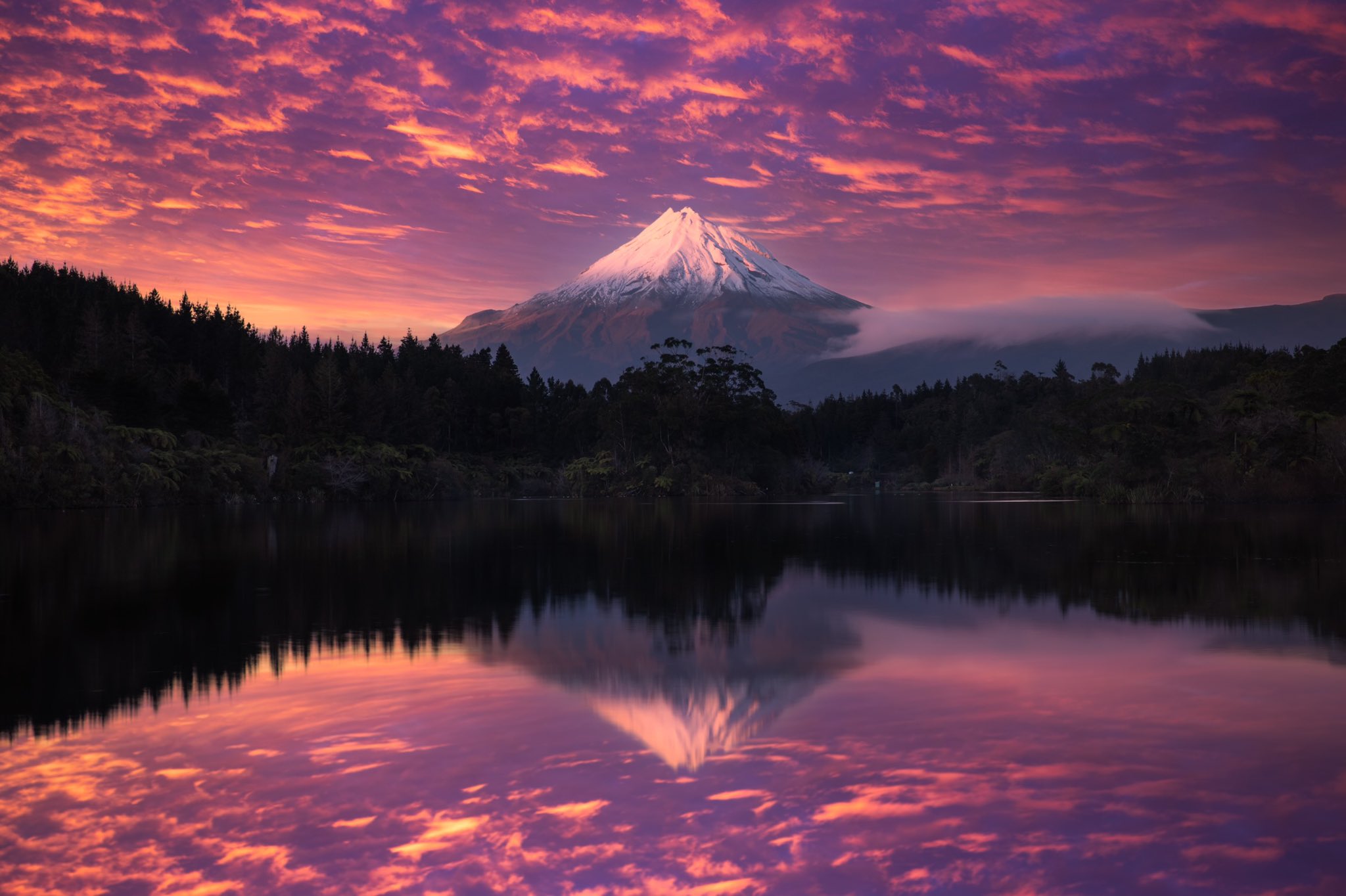 General 2048x1364 Rach Stewart nature mountains lake reflection forest trees sky clouds purple low light