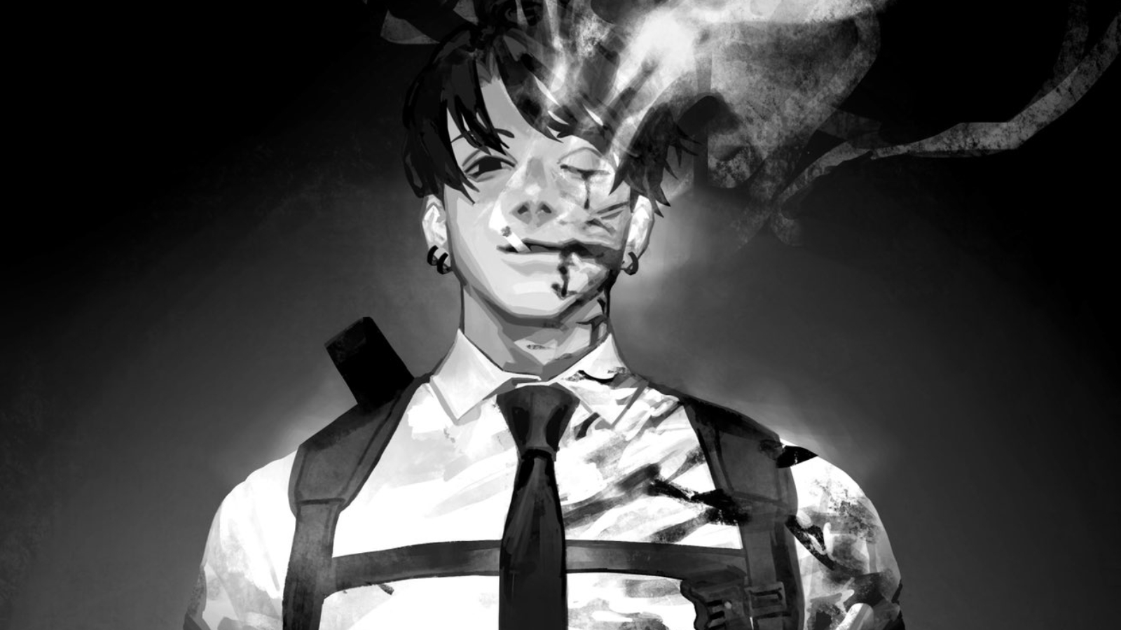 Anime 1600x900 Chainsaw Man monochrome smoke anime boys