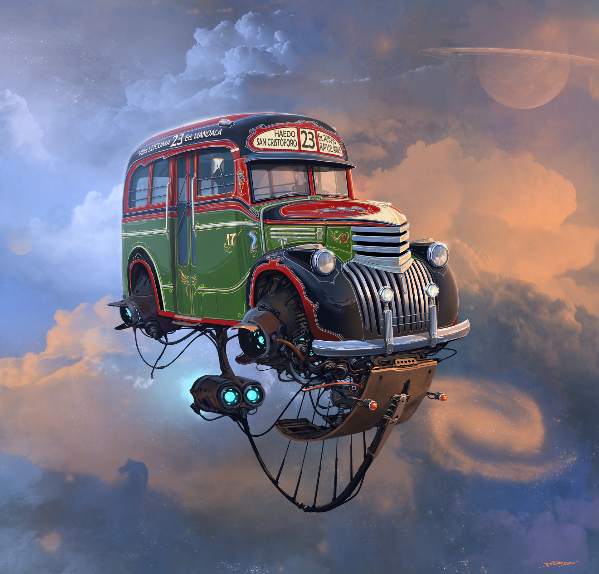 General 1920x1840 artwork digital art illustration Alejandro Burdisio concept art futuristic buses flying car clouds retro science fiction