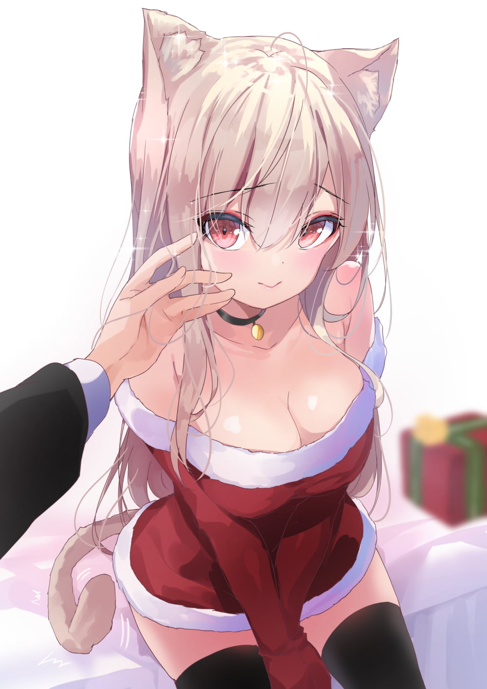 Anime 1000x1414 anime anime girls original characters artwork Sstomomi POV cat girl Christmas cleavage