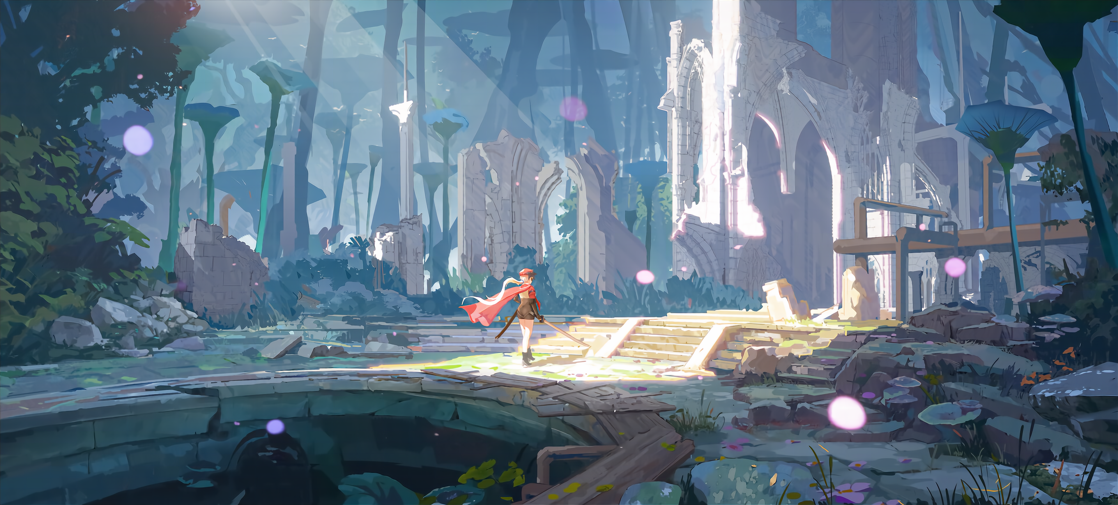 Anime 3840x1734 forest Abandoned city knight anime girls video games concept art