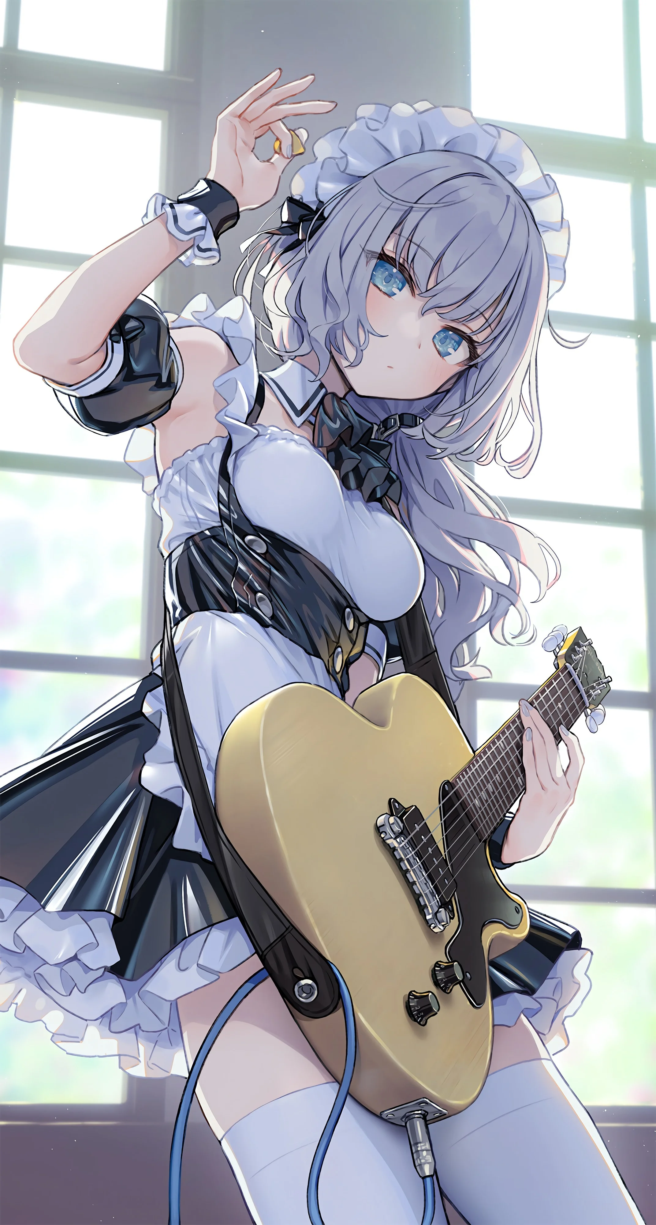 Anime 2144x4000 anime anime girls maid guitar musical instrument maid outfit stockings