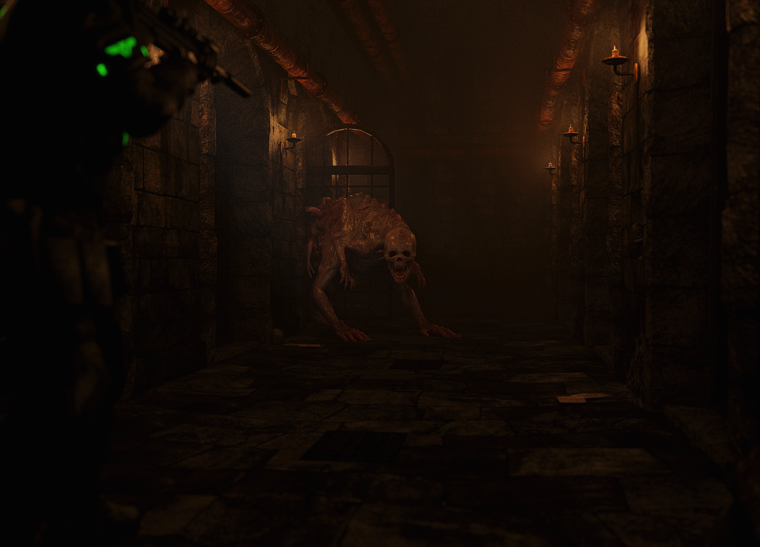 General 2500x1800 nightmare creepy prison dungeon The Hound the medium F.E.A.R. 2: Project Origin candles gates weapon screen shot