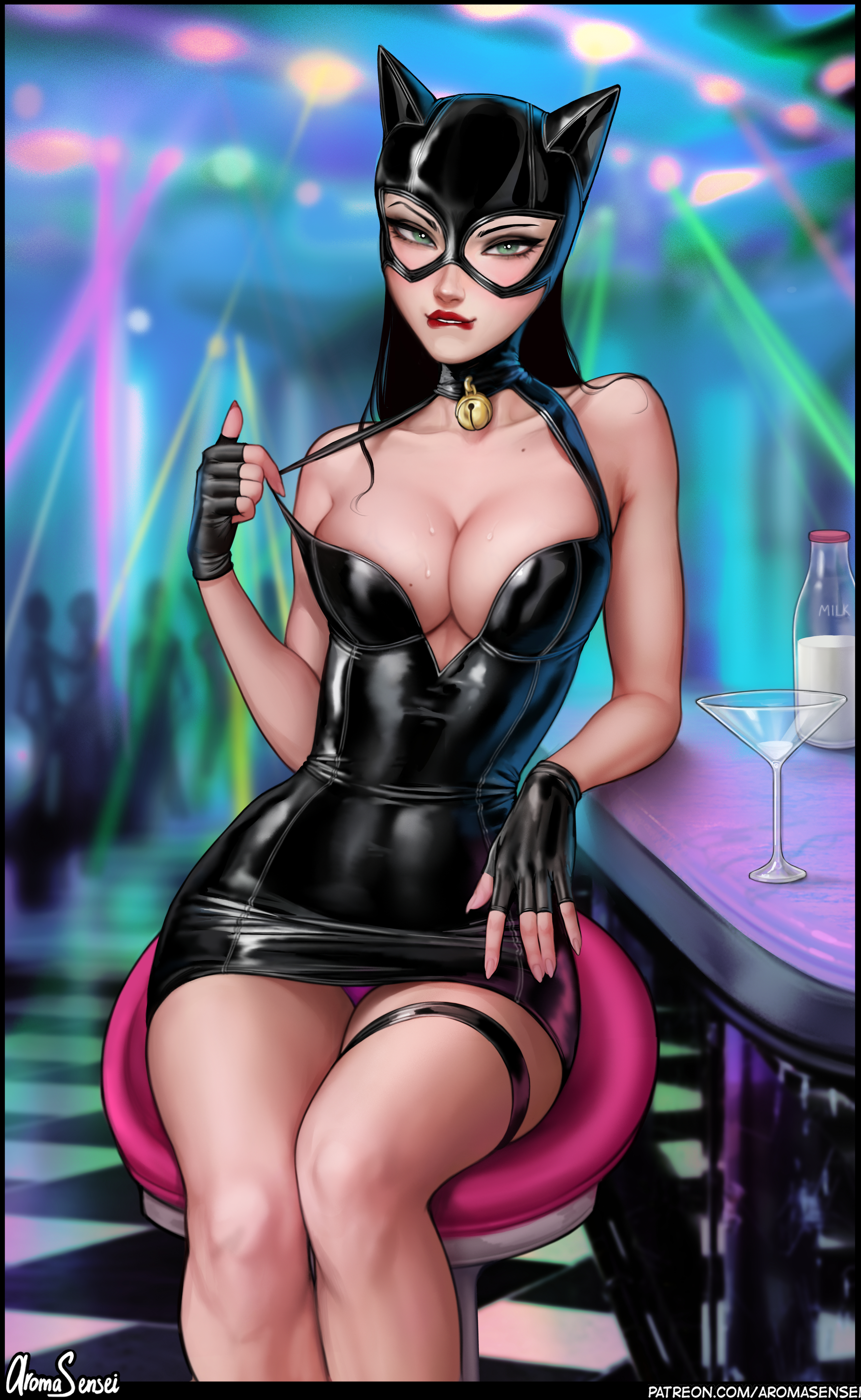 General 3073x5000 Catwoman DC Comics women fictional character dress black dress tight dress cleavage upskirt panties milk mask cat mask biting lips 2D artwork drawing fan art Aroma Sensei