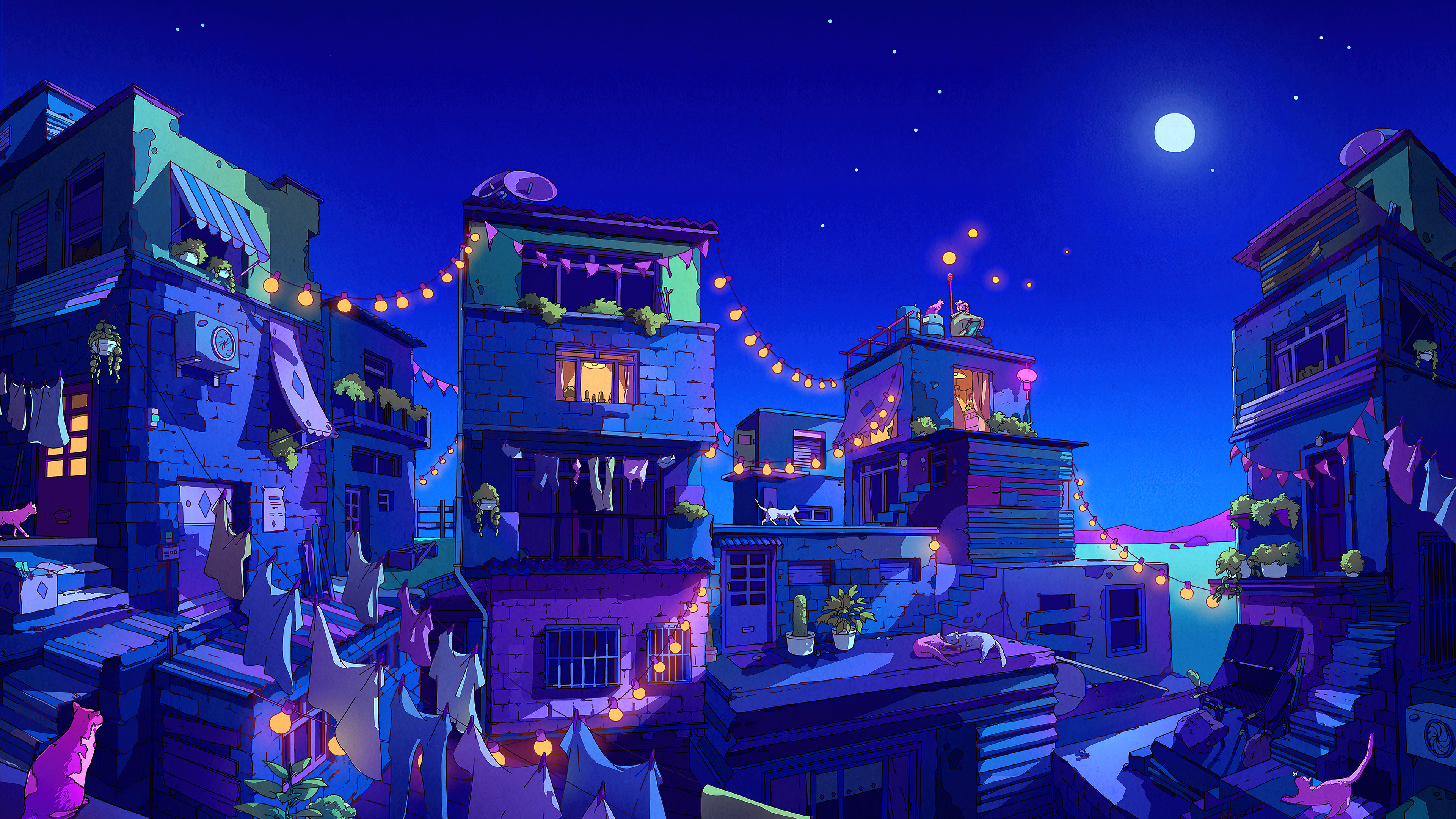 General 3840x2160 digital art night Moon stars clothes house artwork building Townscape