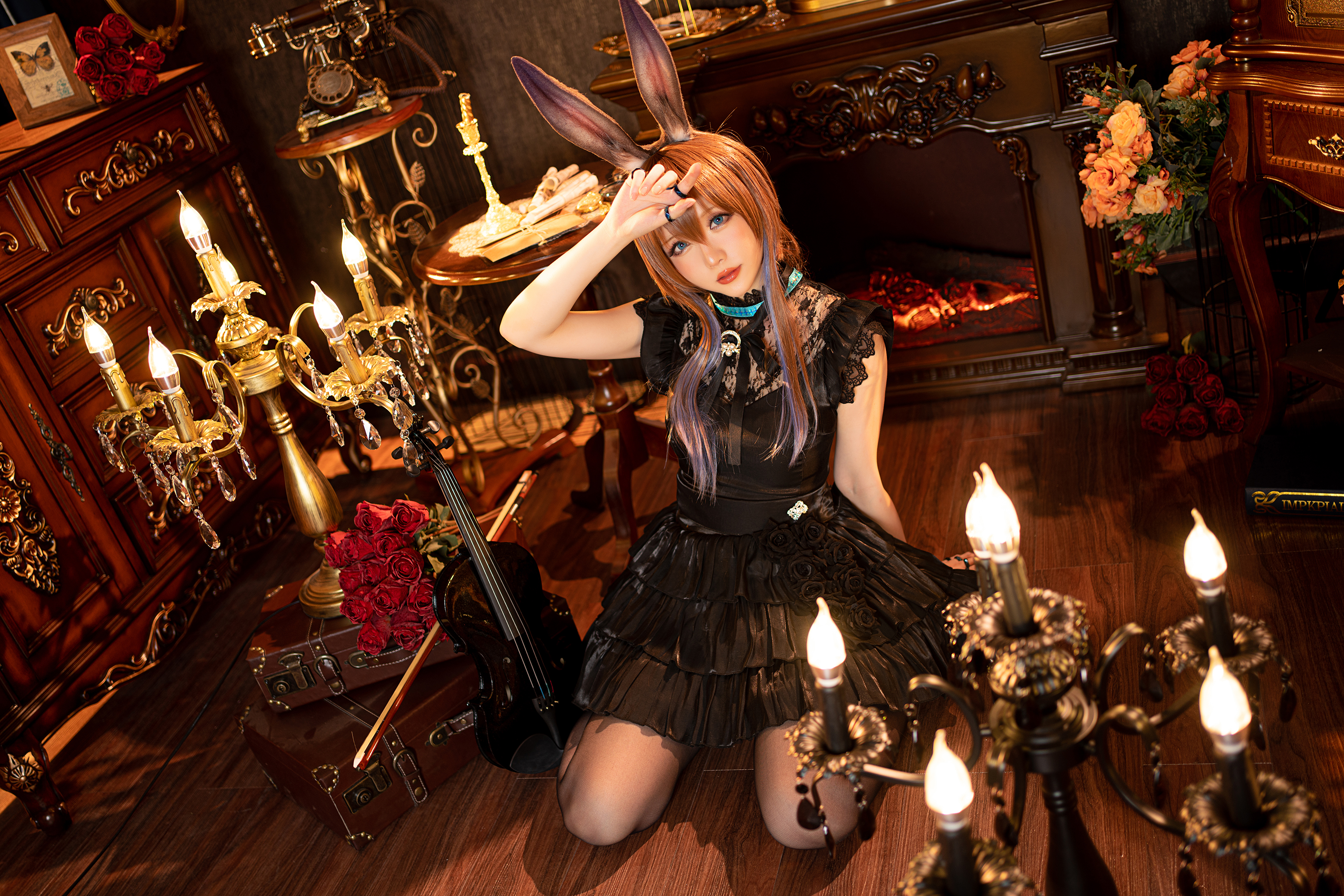 People 3000x2001 Hoshilily model Asian cosplay Amiya (Arknights) Arknights video games dress animal ears pantyhose violin musical instrument indoors women indoors antiques women
