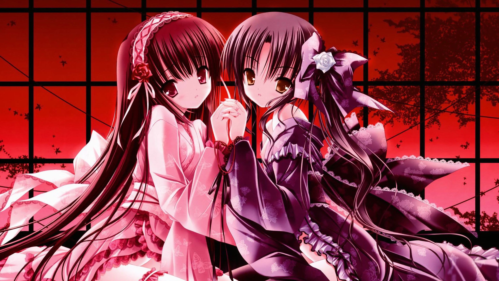 Anime 1920x1080 anime anime girls two women holding hands long hair looking at viewer women