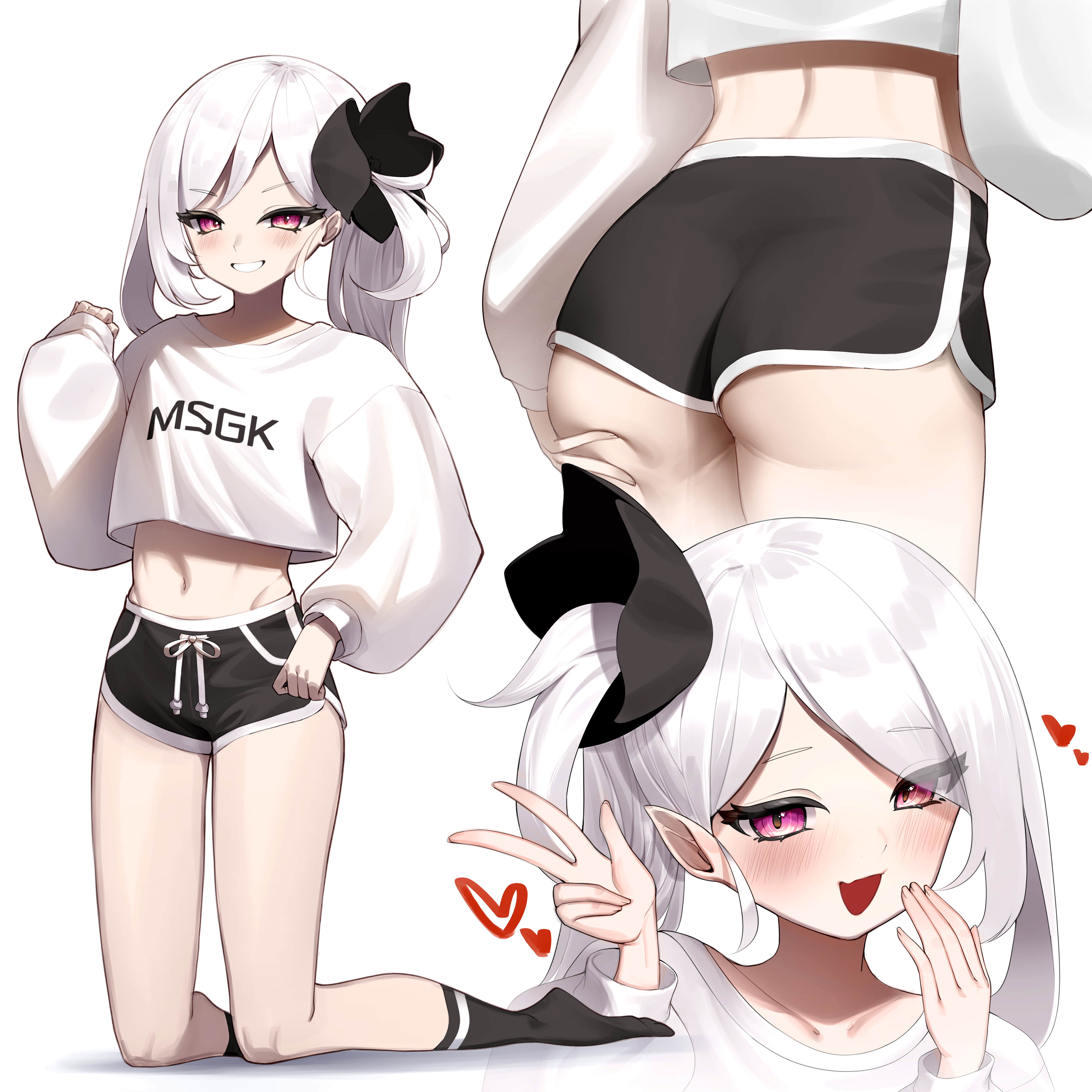 Anime 5000x5000 belly belly button 2D anime anime girls digital art ecchi short shorts white hair red eyes crop top peace sign Pixiv Blue Archive Asagi Mutsuki (Blue Archive) ass heart blushing looking at viewer