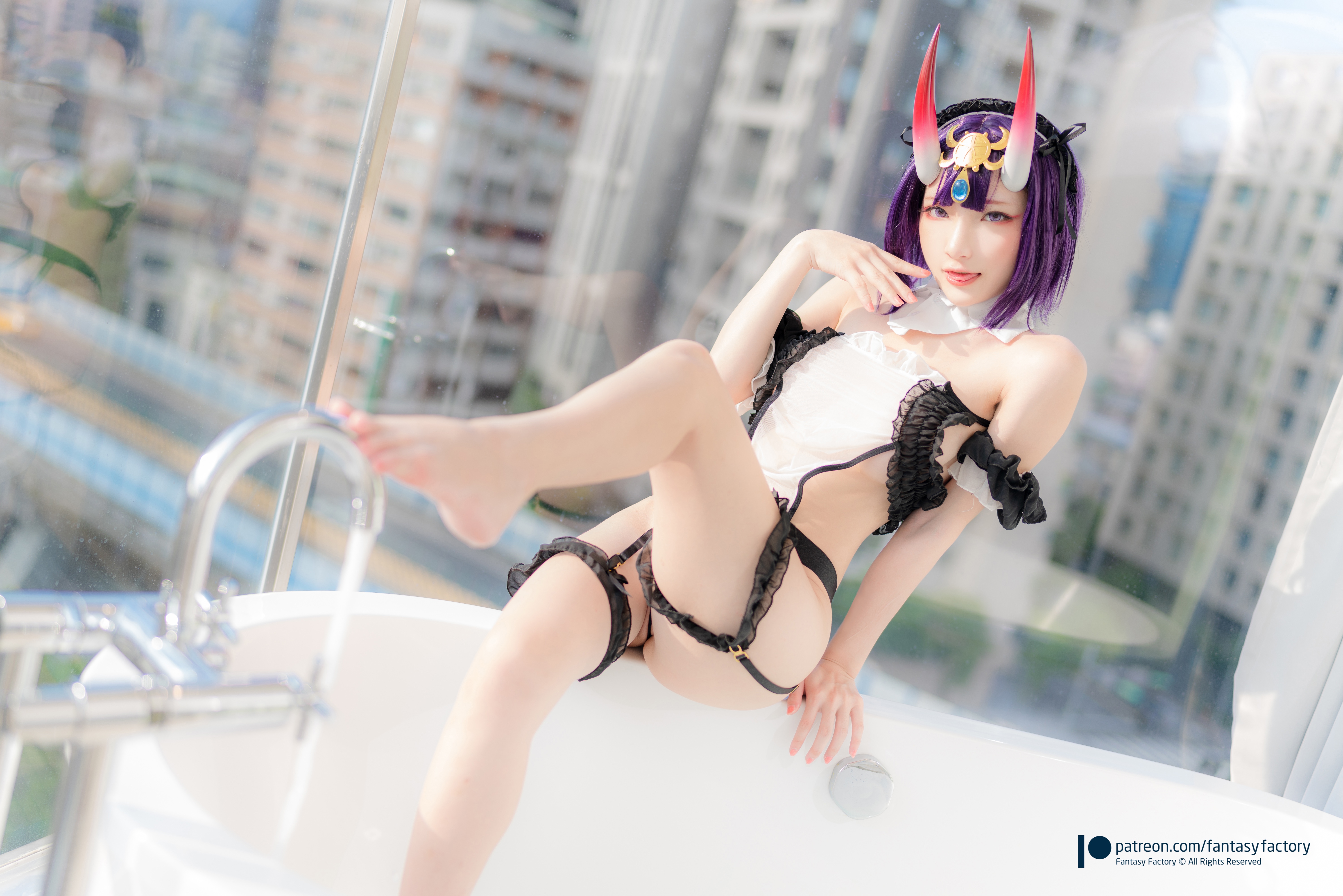 People 6000x4002 Fantasy Factory women model Asian cosplay Shuten Douji (Fate/Grand Order) Fate/Grand Order anime lingerie bathtub indoors women indoors barefoot pointed toes feet legs leg up pale tongue out bathroom in bathroom water wet body wet