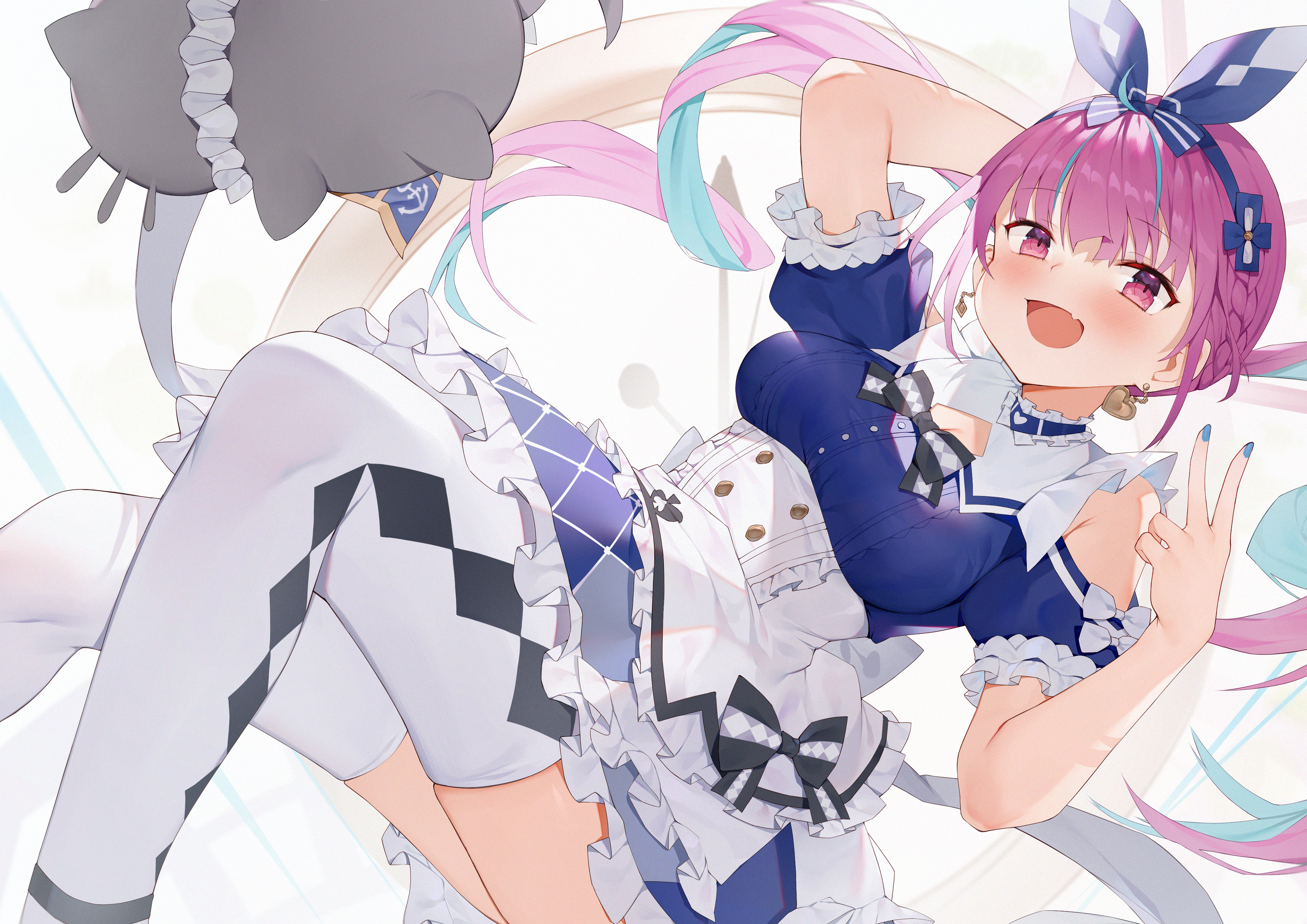 Anime 4093x2894 anime anime girls pink hair maid outfit Minato Aqua Virtual Youtuber two tone hair thigh-highs open mouth pink eyes white background peace sign Hololive