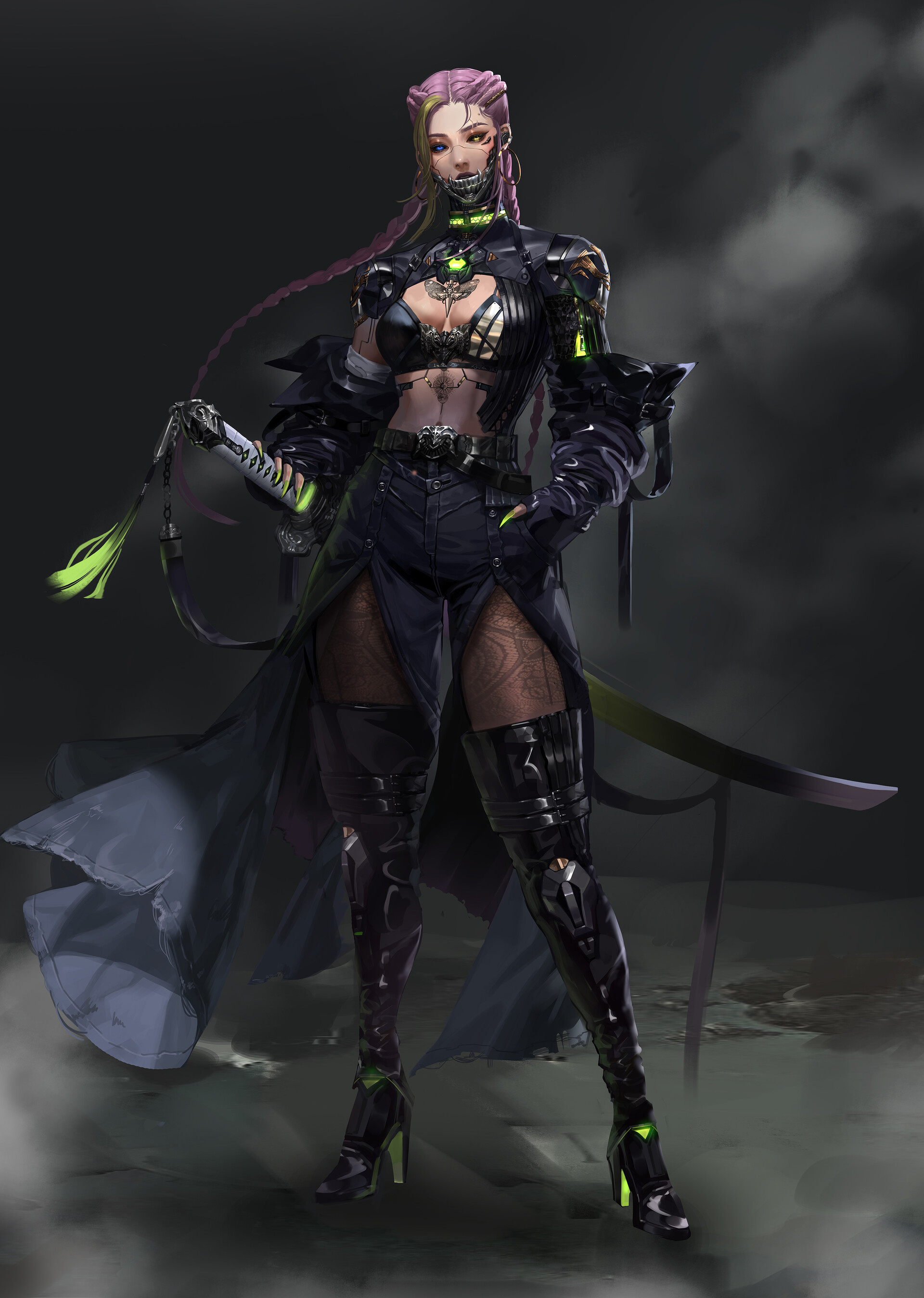 General 1920x2697 Coco Kim drawing women pink hair braids cyborg weapon katana prosthesis smoke heterochromia tattoo long hair two tone hair twintails bra black bras belt sword thigh high boots dress jacket glowing glowing eyes neon high heeled boots heels green light cybernetics painted nails long nails belly thighs chains portrait display digital art