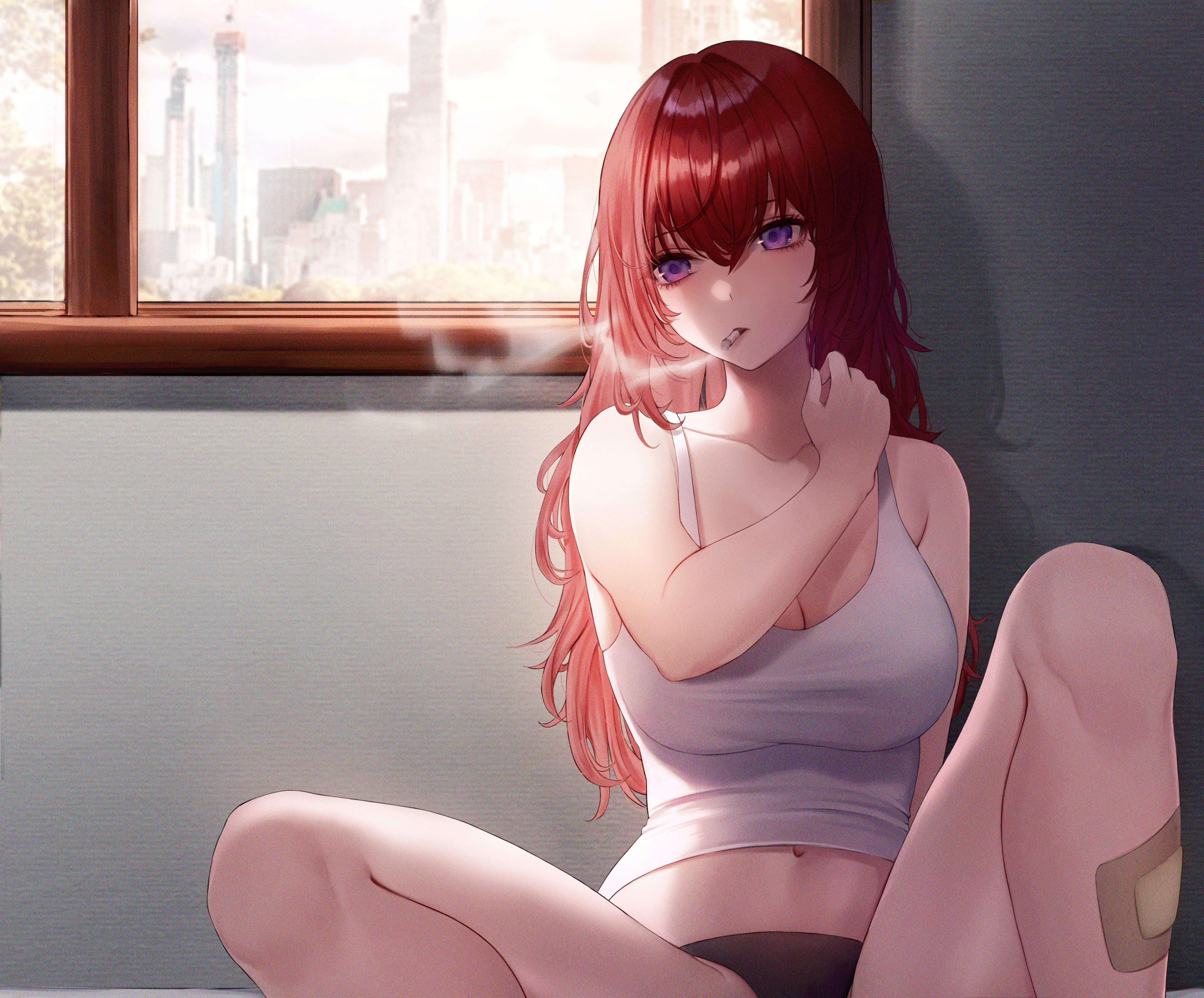 Anime 5000x4145 anime anime girls Ame artwork smoking long hair redhead purple eyes underwear big boobs