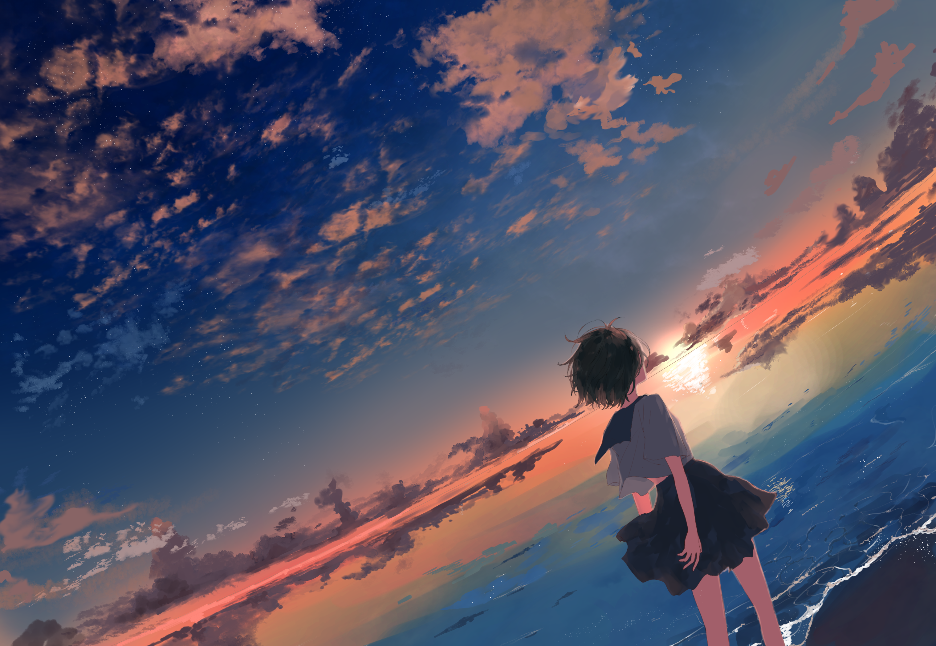 Anime 3038x2099 anime anime girls sky sunset beach school uniform short hair
