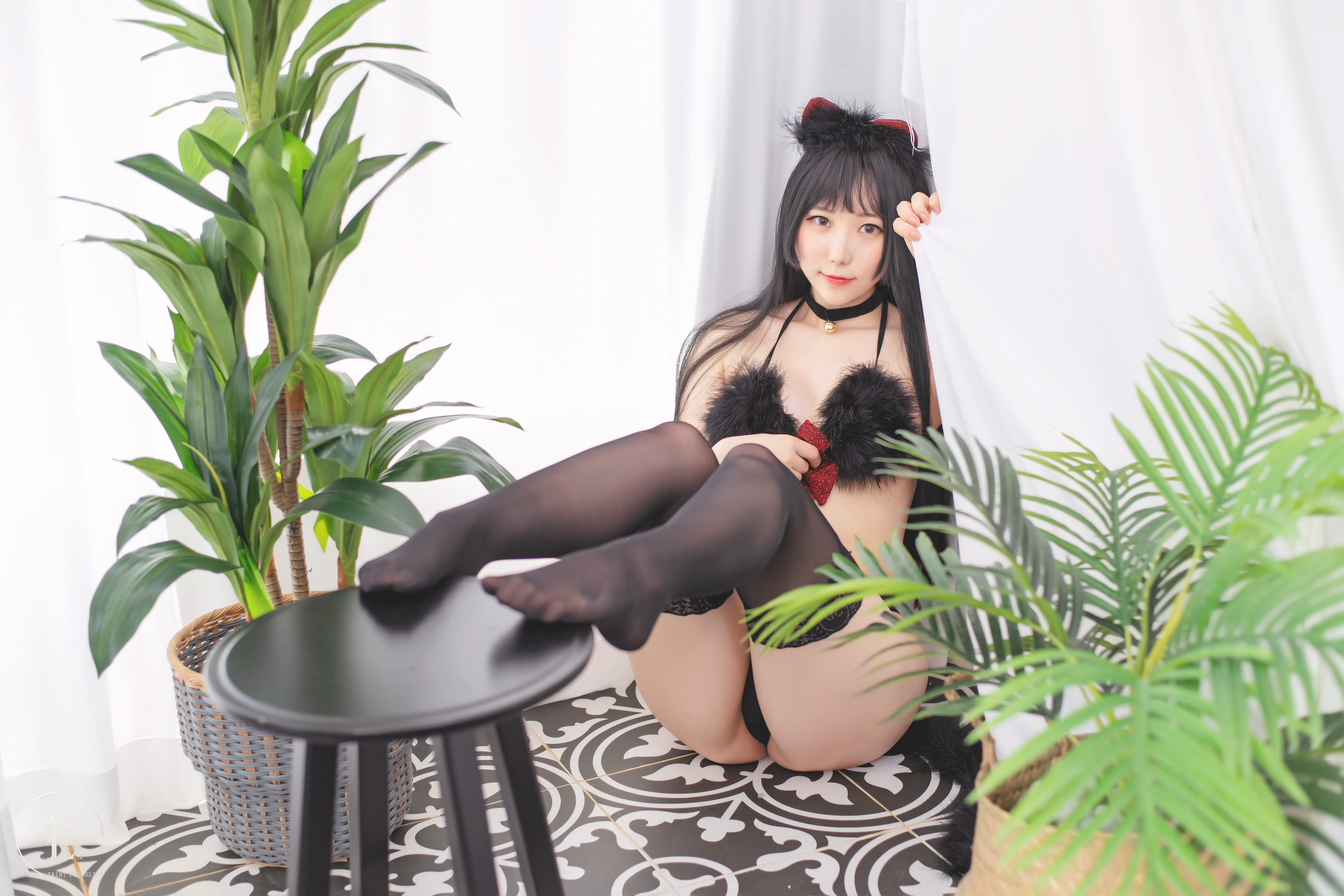 People 5000x3333 Jamong SAINT Photolife women model Asian cosplay cat girl cat ears lingerie stockings black stockings indoors women indoors pointed toes