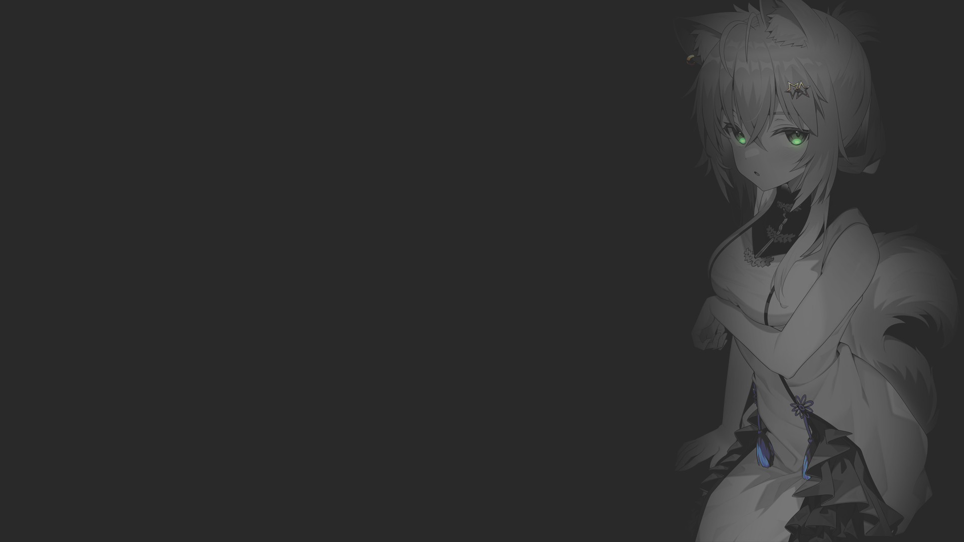 Anime 1920x1080 anime anime girls illustration monochrome dark background fan art selective coloring black background looking at viewer green eyes animal ears tail
