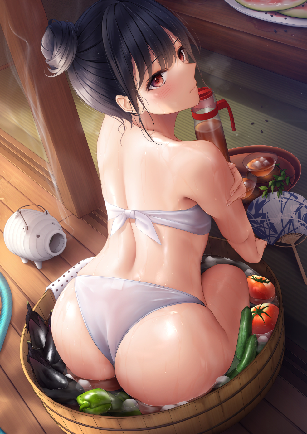 Anime 984x1392 Mhru ass anime girls anime food vegetables tomatoes pickles red eyes dark hair rear view women indoors kneeling bikini high angle back