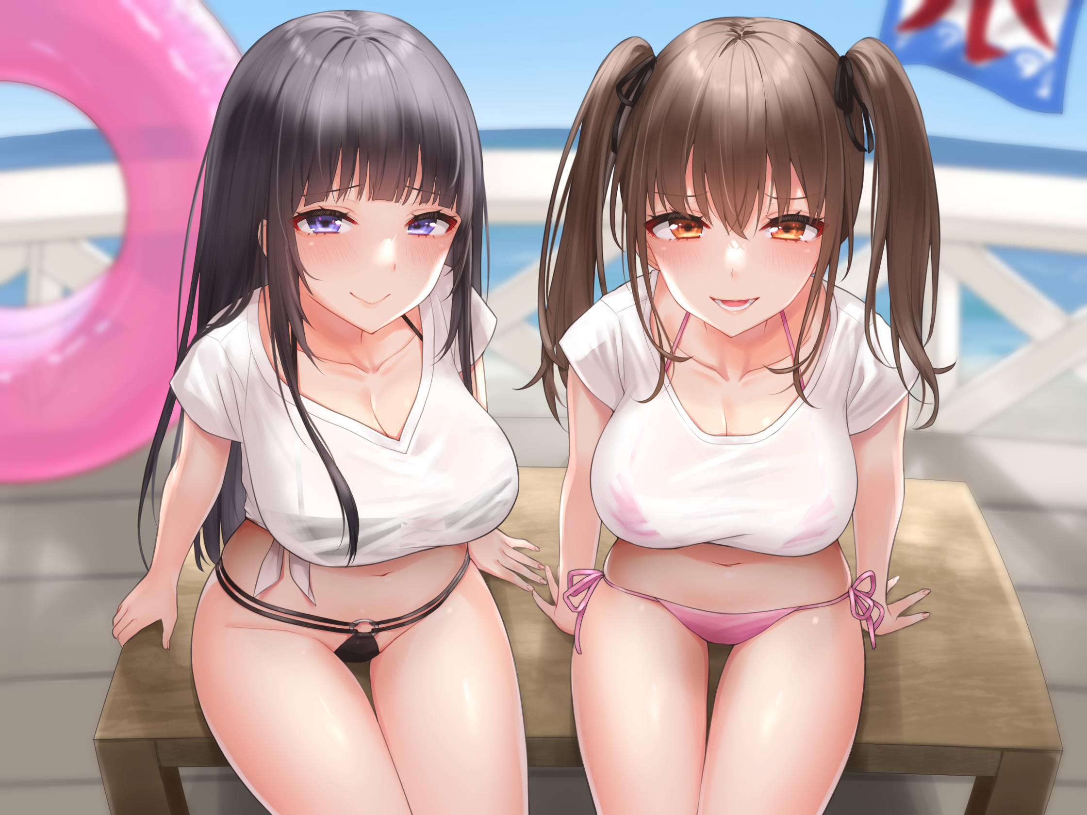 Anime 2240x1680 Yamamura Umi anime anime girls bikini sitting string bikini T-shirt big boobs dark hair brunette