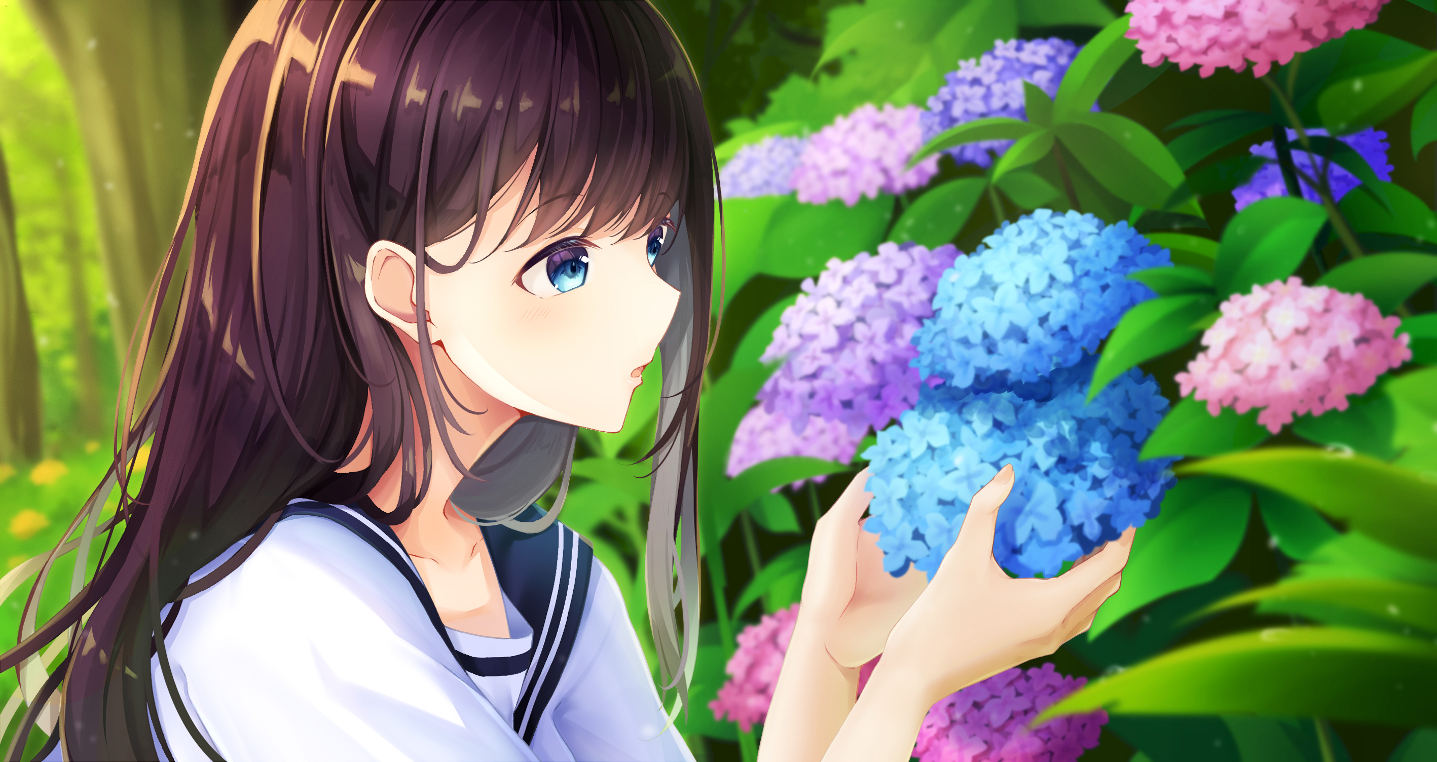 Anime 2835x1504 Koki anime anime girls flowers brunette blue eyes