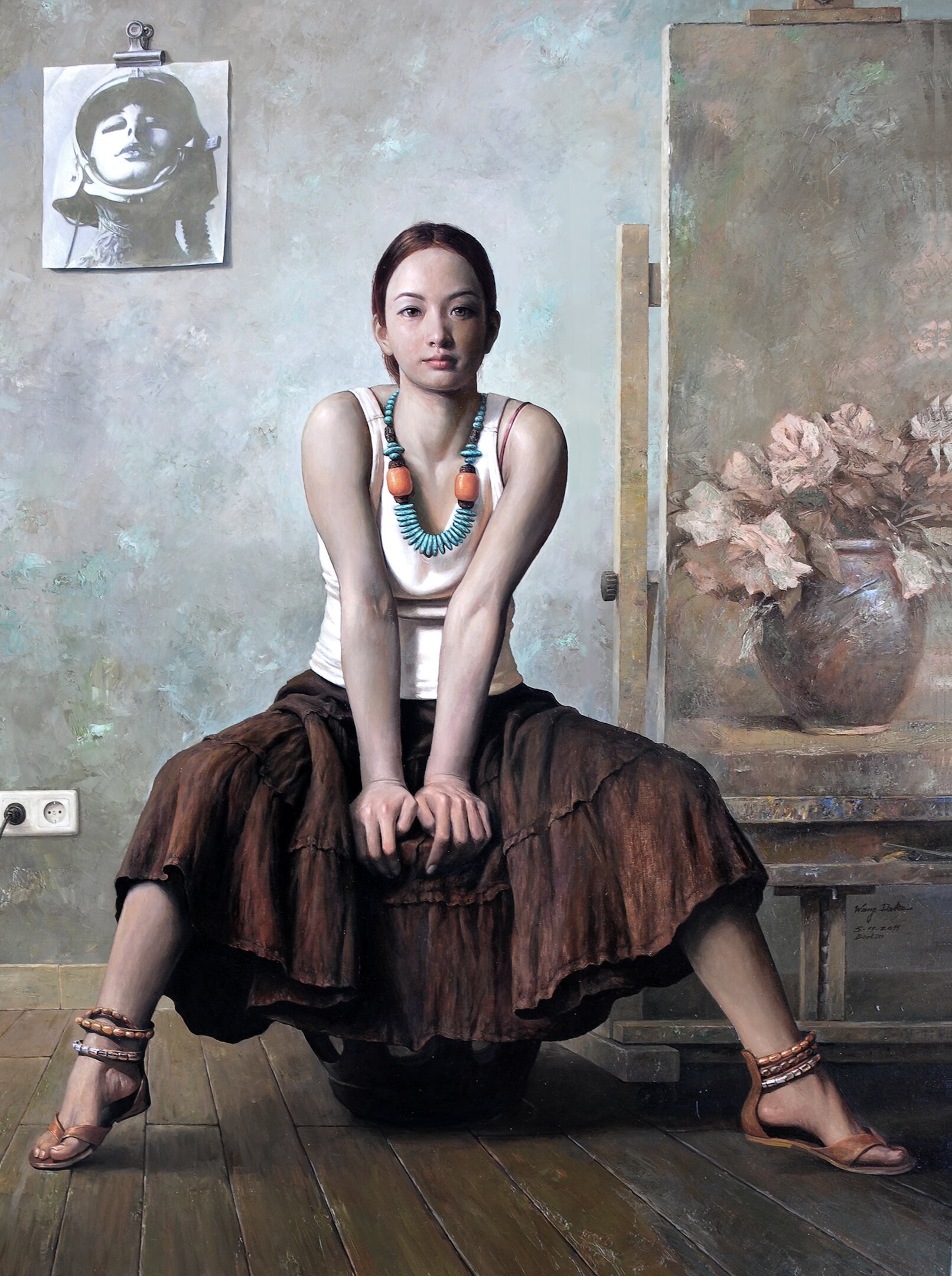 General 1612x2160 Dake Wang women artwork sitting ArtStation looking at viewer women indoors skirt necklace