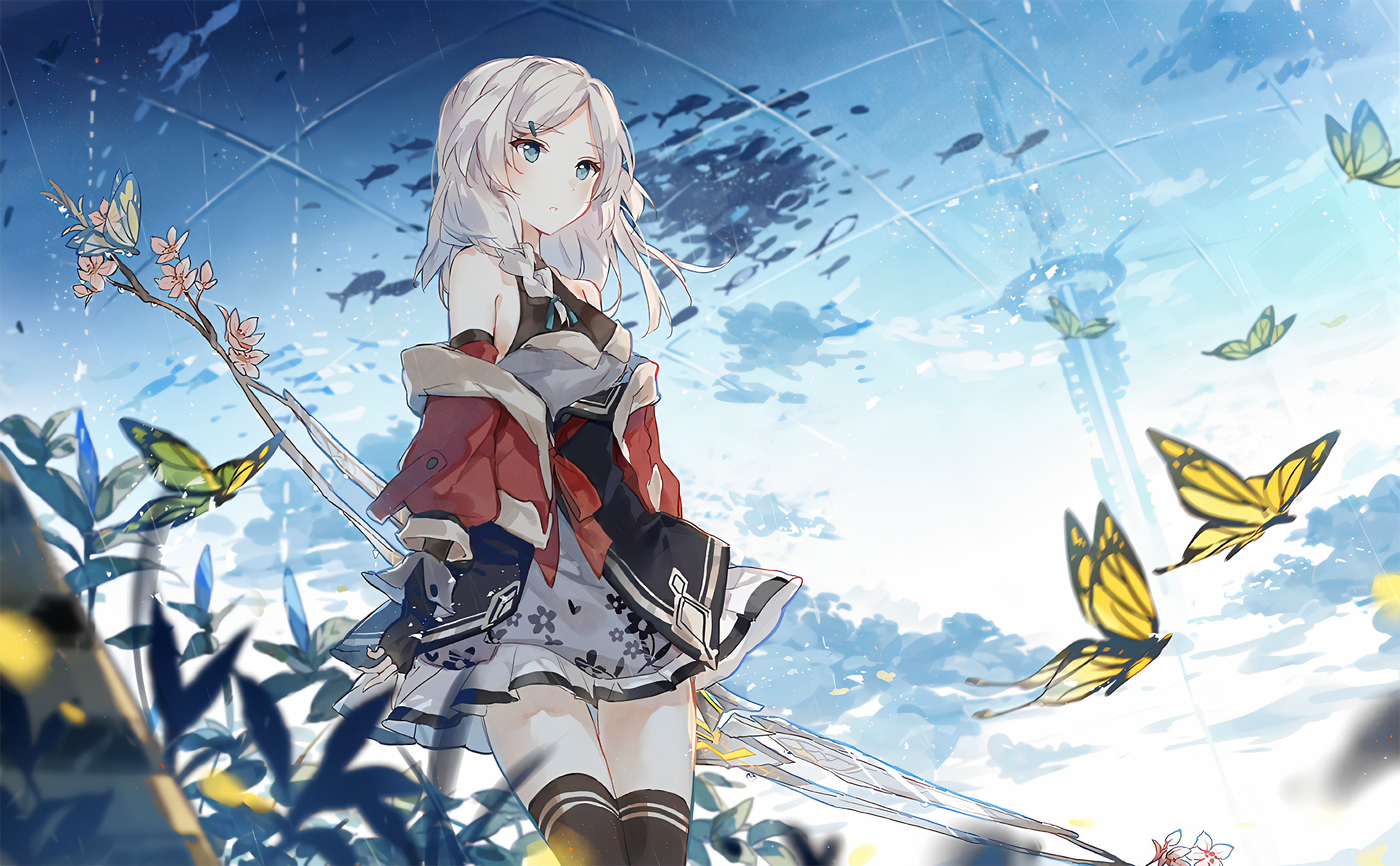 Anime 3000x1854 anime anime girls white hair standing butterfly thigh-highs Asuka (artist) bow and arrow