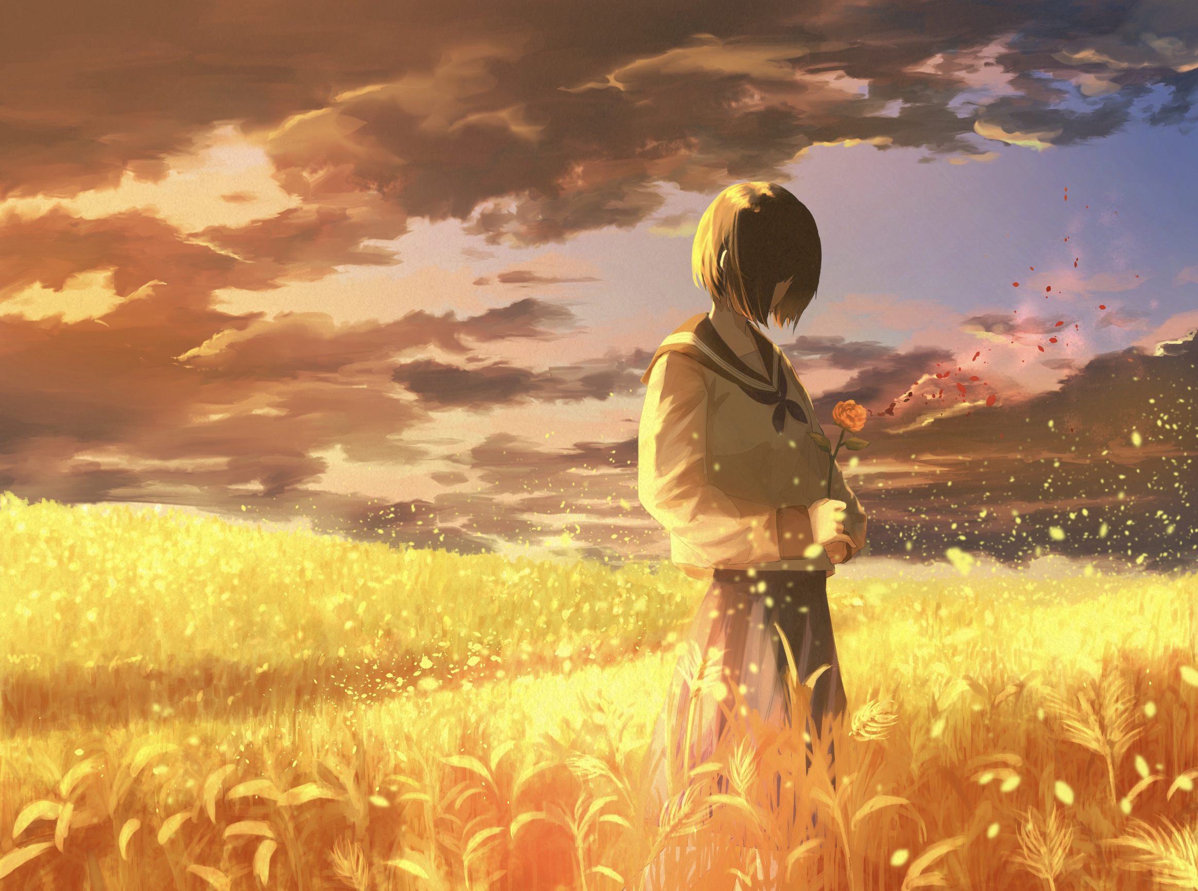Anime 2327x1732 anime anime girls clouds sunset short hair sailor uniform flowers wheat sky petals brunette Saku Ine