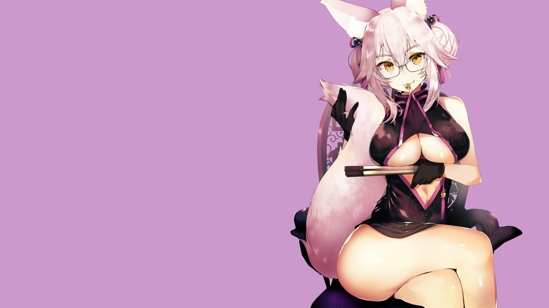 Anime 1920x1080 Fate/Grand Order anime girls fox girl Tamamo no Mae (fate/grand order) Koyanskaya Fate series simple background Chinese dress cleavage glasses Tetsubuta thighs big boobs belly belly button animal ears tail