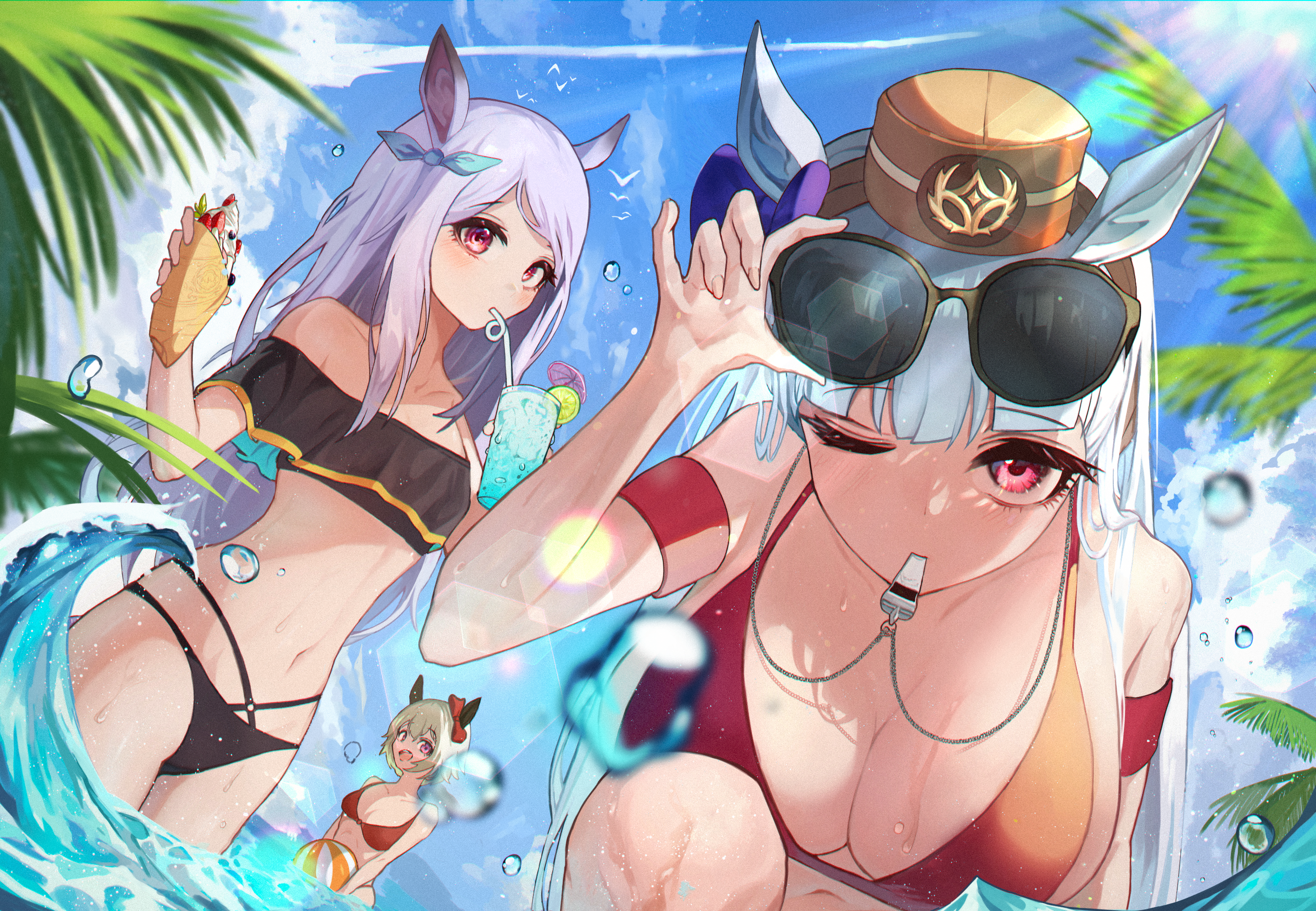 Anime 2921x2022 anime anime girls Uma Musume Pretty Derby horse girls bikini cleavage red eyes belly button thighs ecchi in water women on beach 2D blushing animal ears black bikinis red bikini Mejiro McQueen (Uma Musume) Gold Ship (Uma Musume) Curren Chan (Uma Musume) long hair drinking straw crepes wet body fan art beach ball silver hair purple hair artwork looking at viewer group of women low-angle palm trees water drops women trio cocktails standing in water whistle