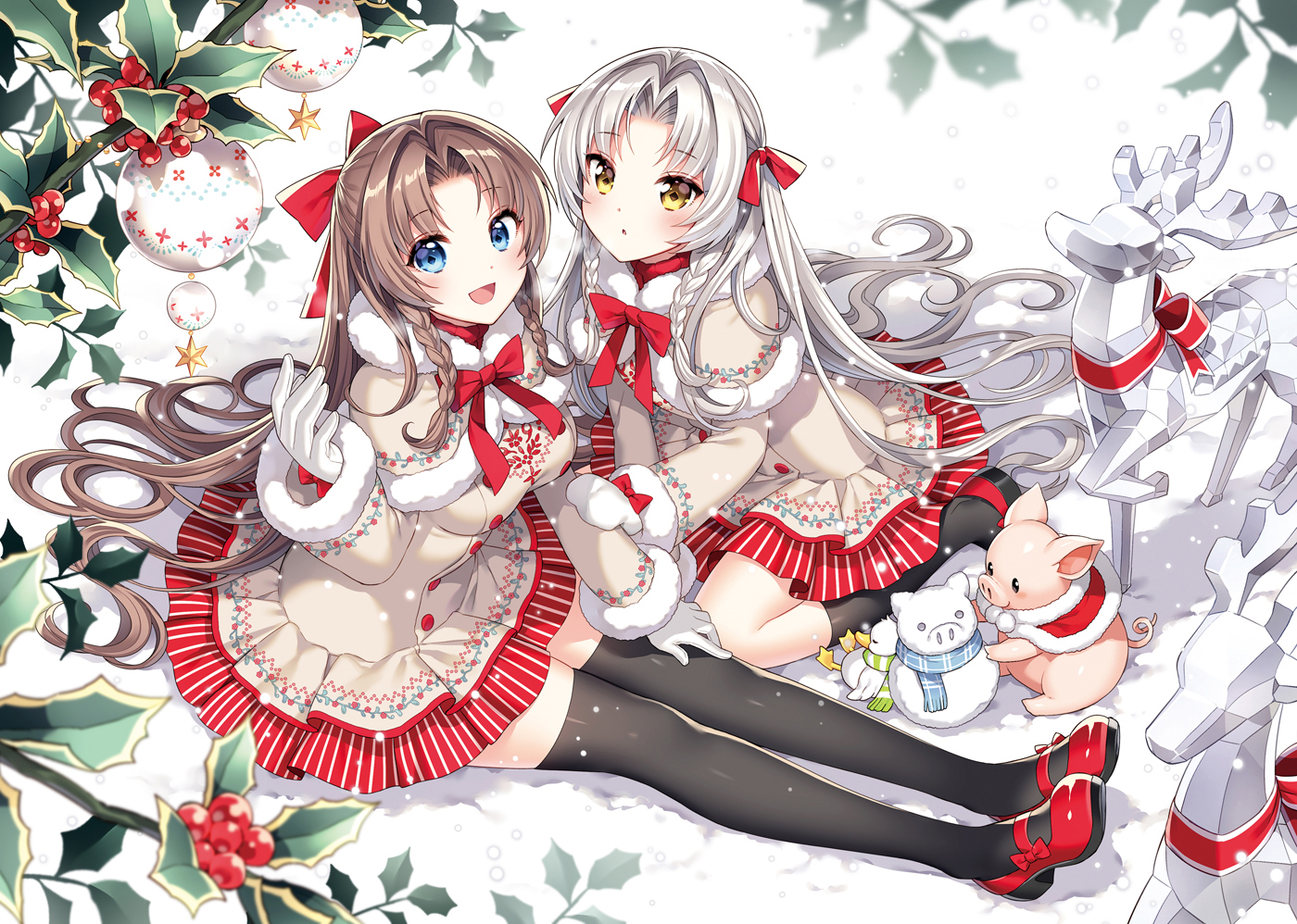 Anime 1400x998 Nardack artwork anime girls brunette silver hair thigh-highs winter snow