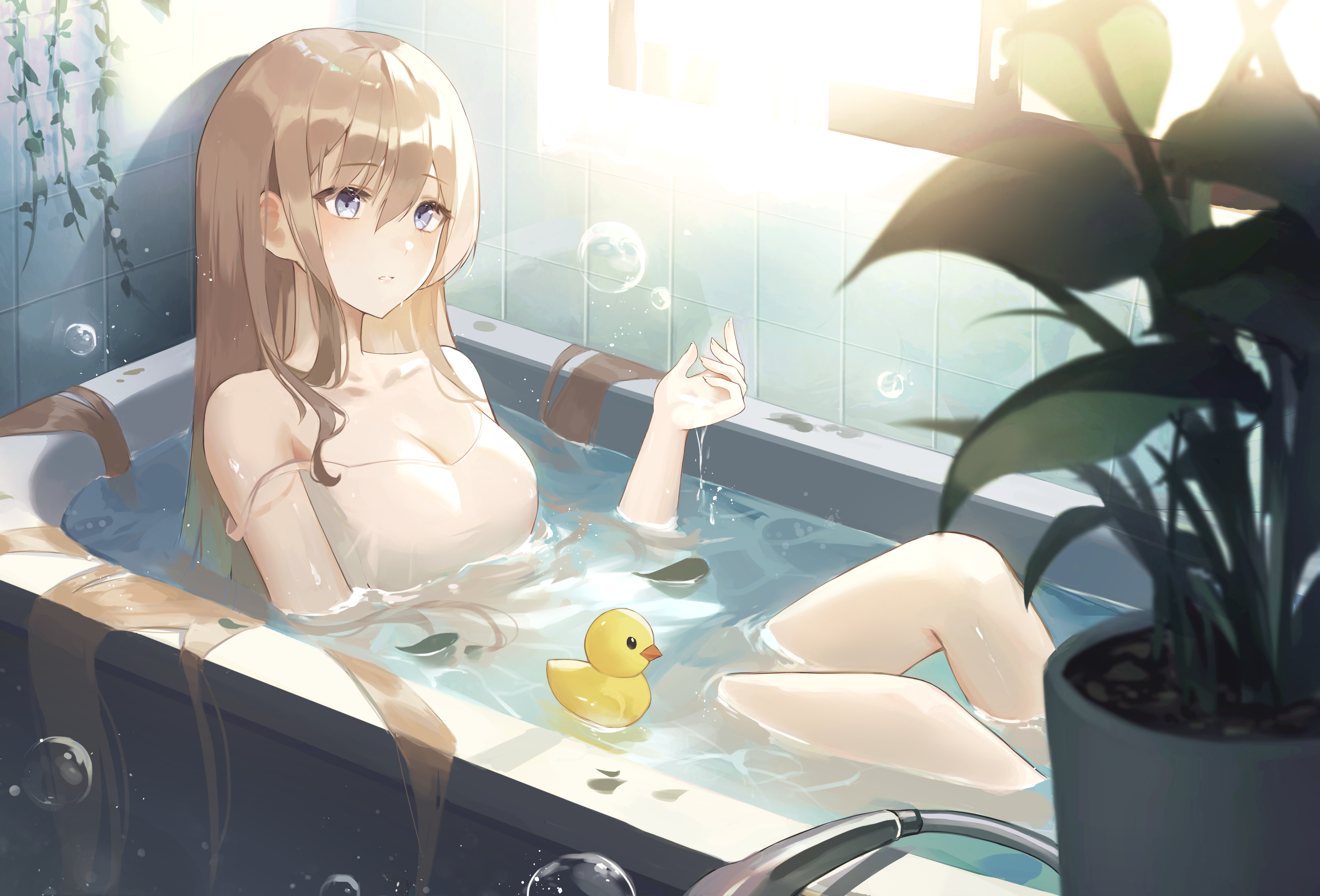 Anime 4947x3358 anime anime girls bath water in bathtub brunette long hair blue eyes cleavage bathroom artwork Maae