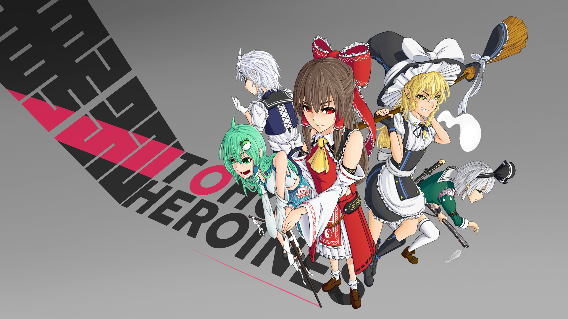 Anime 1920x1080 Touhou smiling Pixiv anime girls gray background simple background green hair brunette blonde witch hat broom red eyes green eyes yellow eyes standing group of women looking at viewer