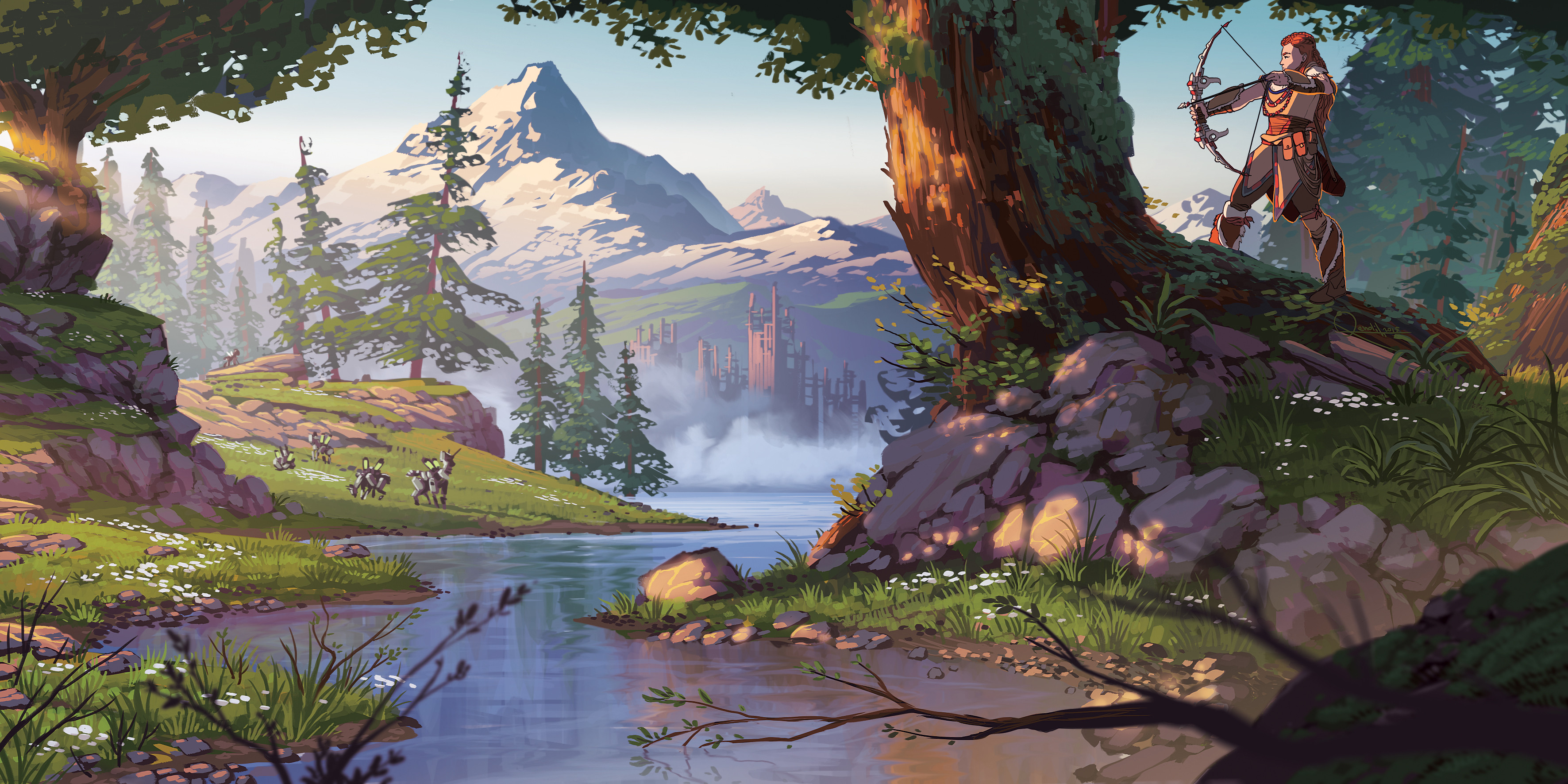 General 3543x1771 artwork digital art video games Horizon: Zero Dawn nature trees mountains Aloy