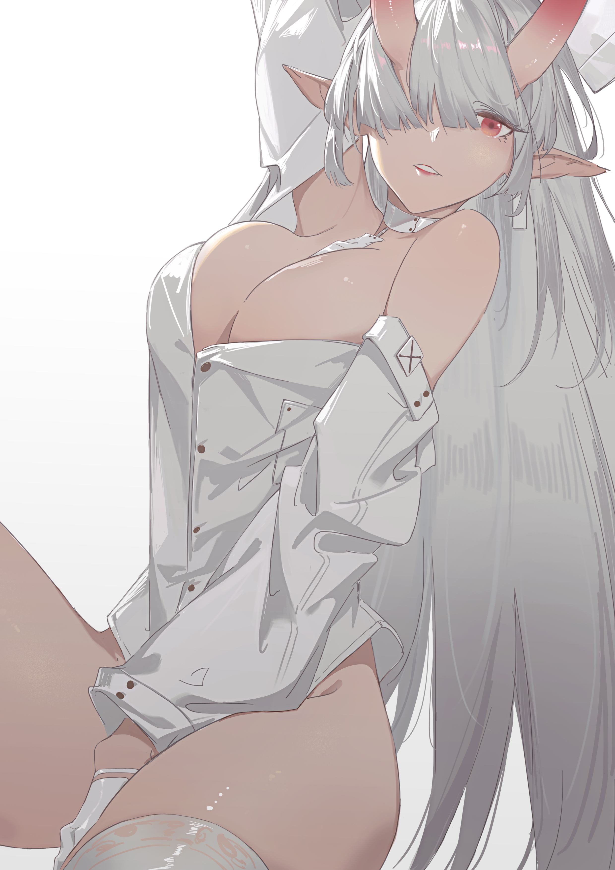 Anime 2480x3508 anime anime girls HUANG horns cleavage red eyes thighs no bra pointy ears bare shoulders