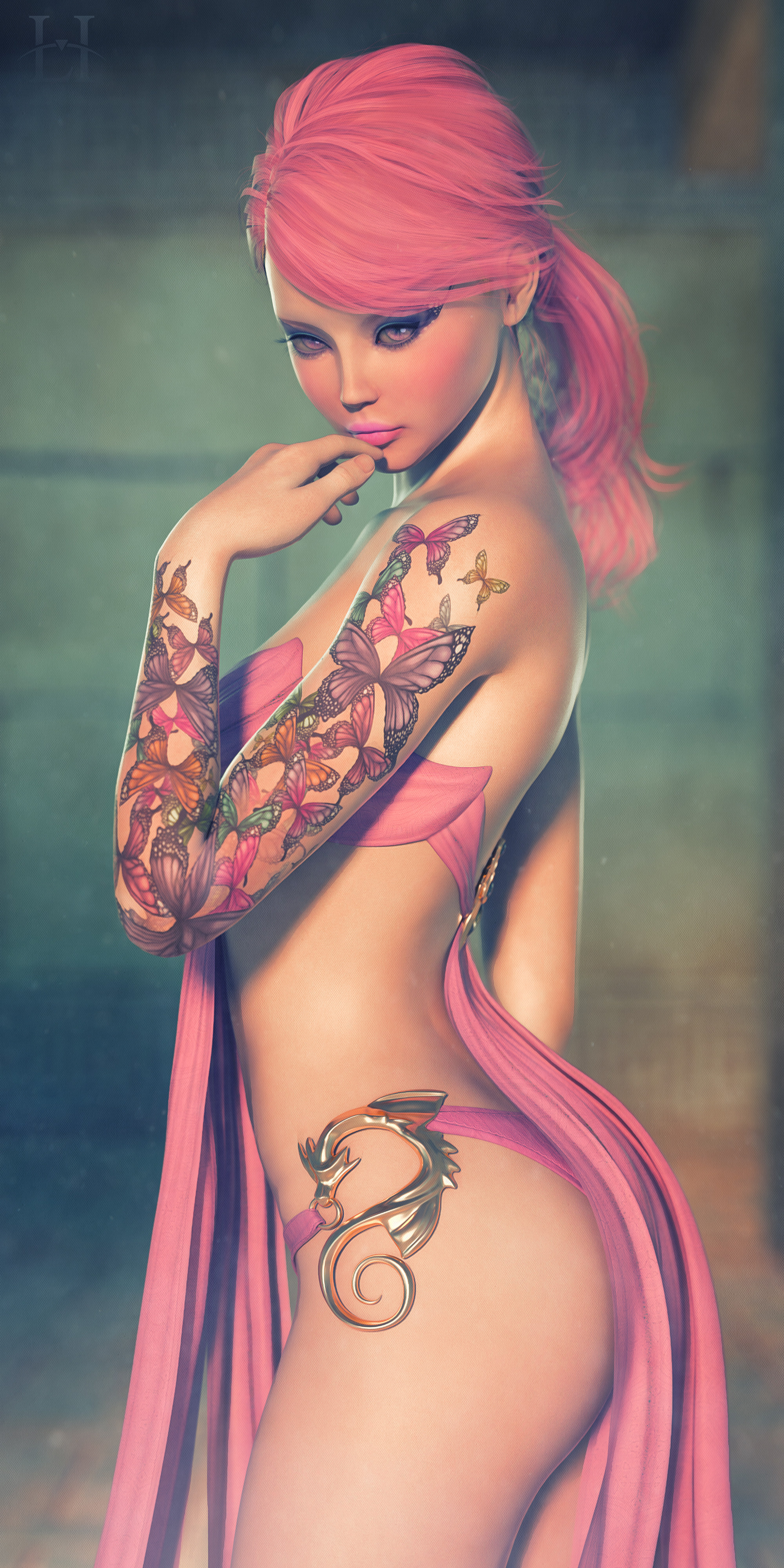 General 2000x4000 Laticis Imagery (Artist) ponytail touching face pink eyes pink hair tattoo sleeve digital art CGI tattoo portrait display women side view looking away ArtStation skimpy clothes