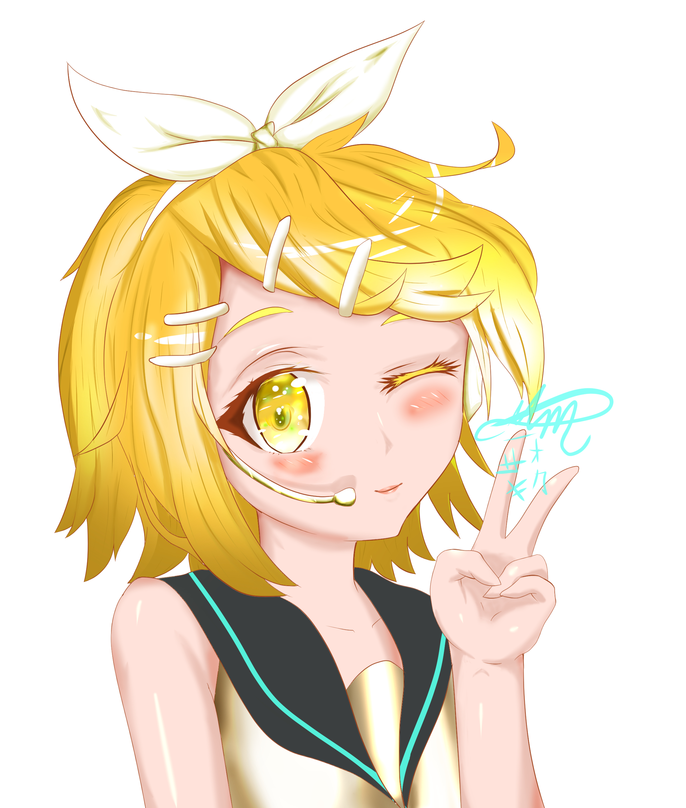 Anime 2200x2590 Kagamine Rin Vocaloid digital art marinera anime girls short hair blonde hair ornament simple background wink white background smiling signature yellow eyes closed mouth peace sign