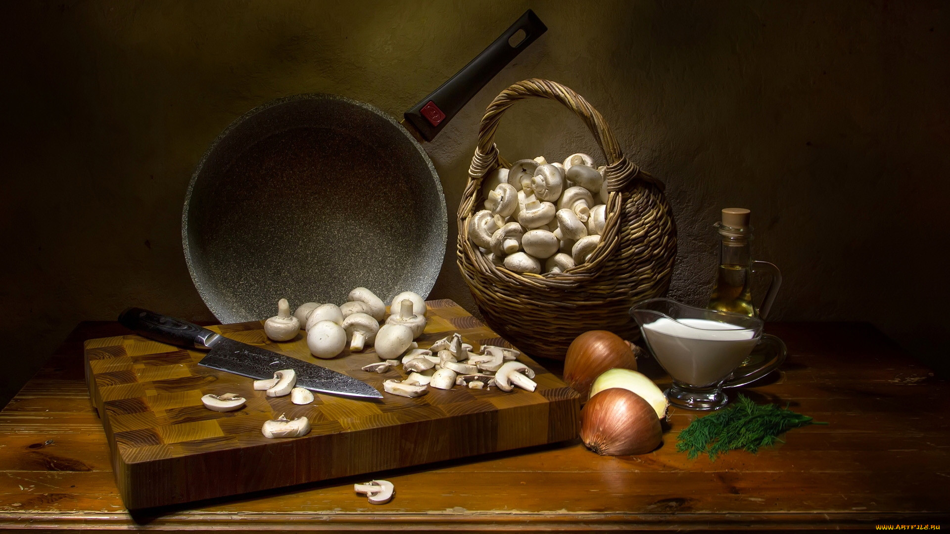 General 1920x1080 food still life mushroom knife Pan (Cooking) baskets onion olive oil cutting board