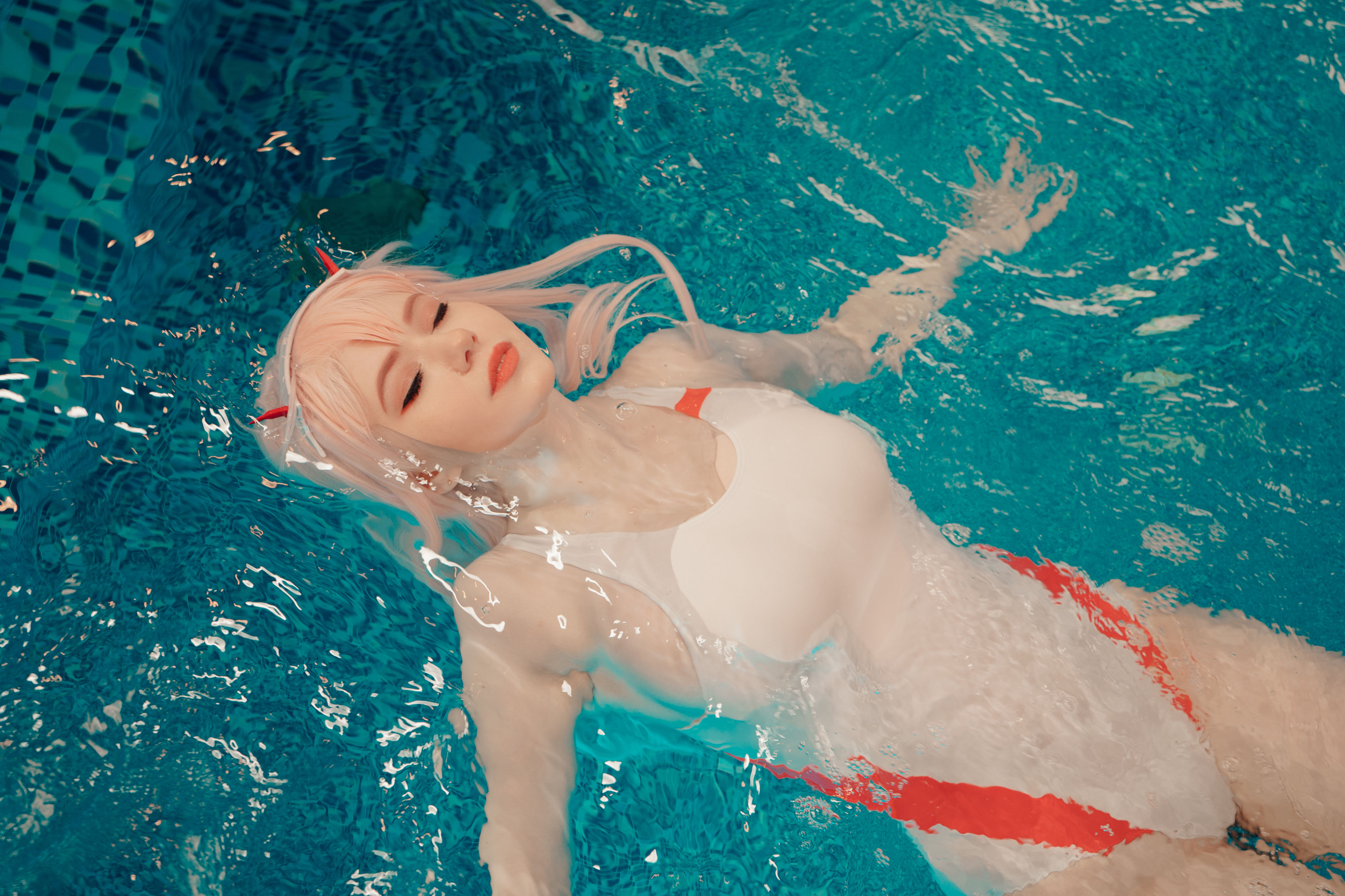 People 3700x2466 women model cosplay Alina Becker swimming pool water wet pink hair anime Darling in the FranXX Zero Two (Darling in the FranXX) swimwear wet body