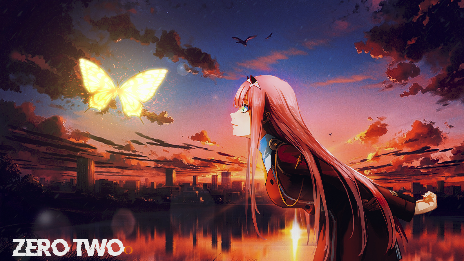 Anime 1600x900 Zero Two (Darling in the FranXX) anime butterfly long hair redhead face profile cityscape sky Sun clouds anime girls Darling in the FranXX picture-in-picture