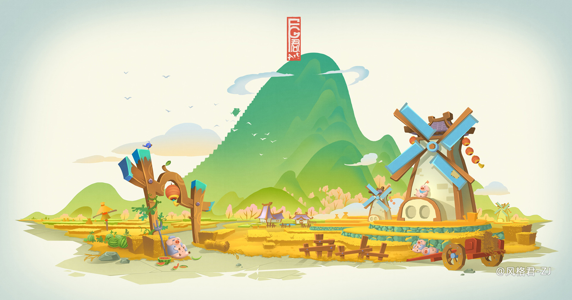 General 1920x1008 Jun Zhang Asian architecture white background pigs digital art windmill farm scarecrows mountains