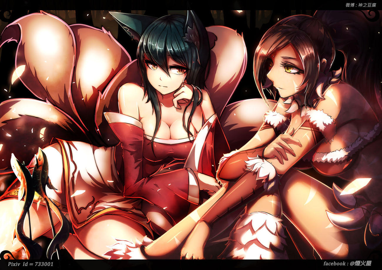 Anime 1300x919 Ahri (League of Legends) Nidalee (League of Legends) yuri anime girls League of Legends animal ears black hair brunette boobs big boobs cleavage video game girls fan art video game characters PC gaming anime tail two women women Pixiv