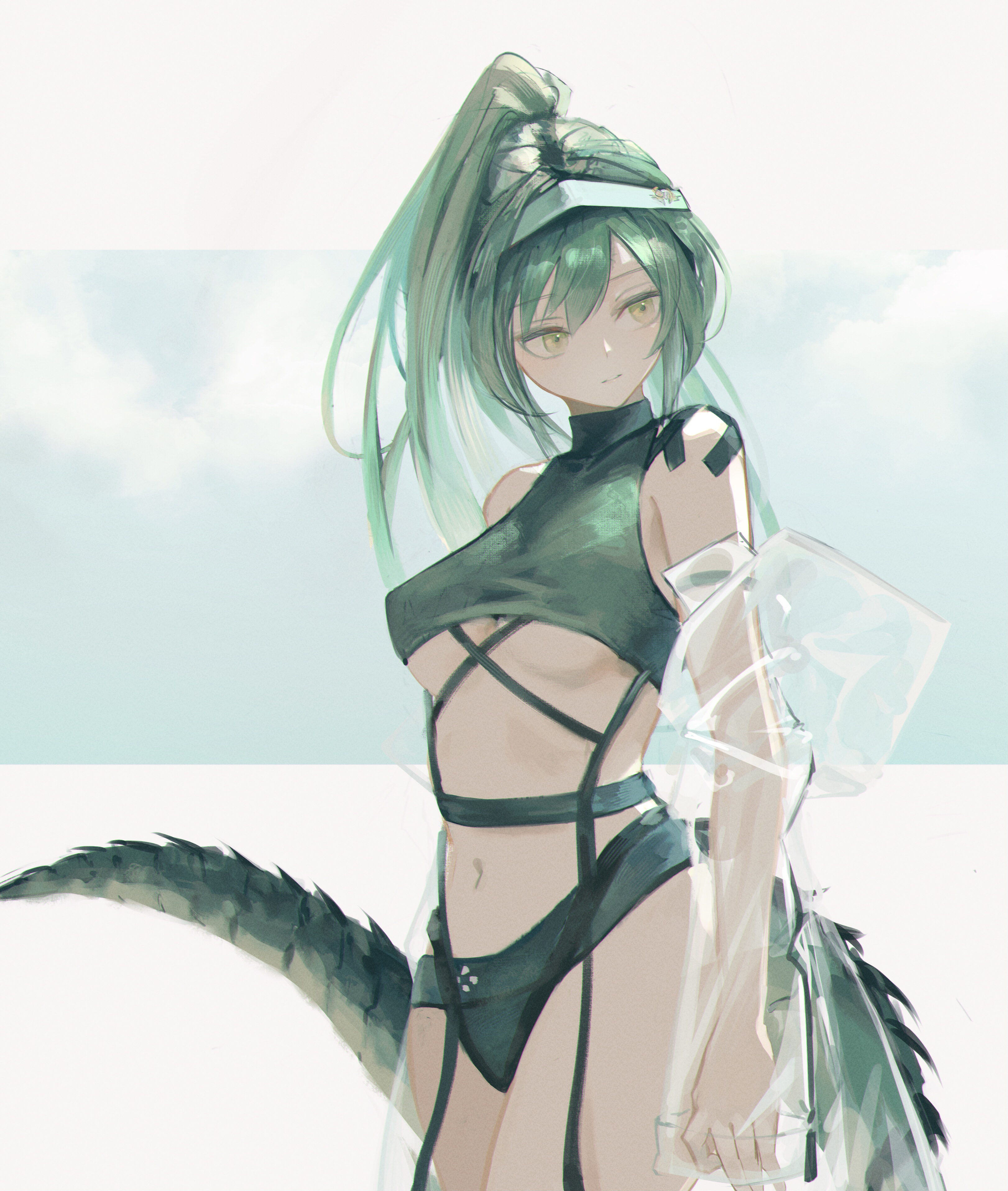 Anime 3243x3831 bangs hairband boobs one-piece swimsuit tail eyebrows green hair green swimsuit long hair long sleeves looking back belly button parted lips ponytail see-through clothing belly swimwear underboob yellow eyes 7ife Gavial (Arknights) Arknights anime girls