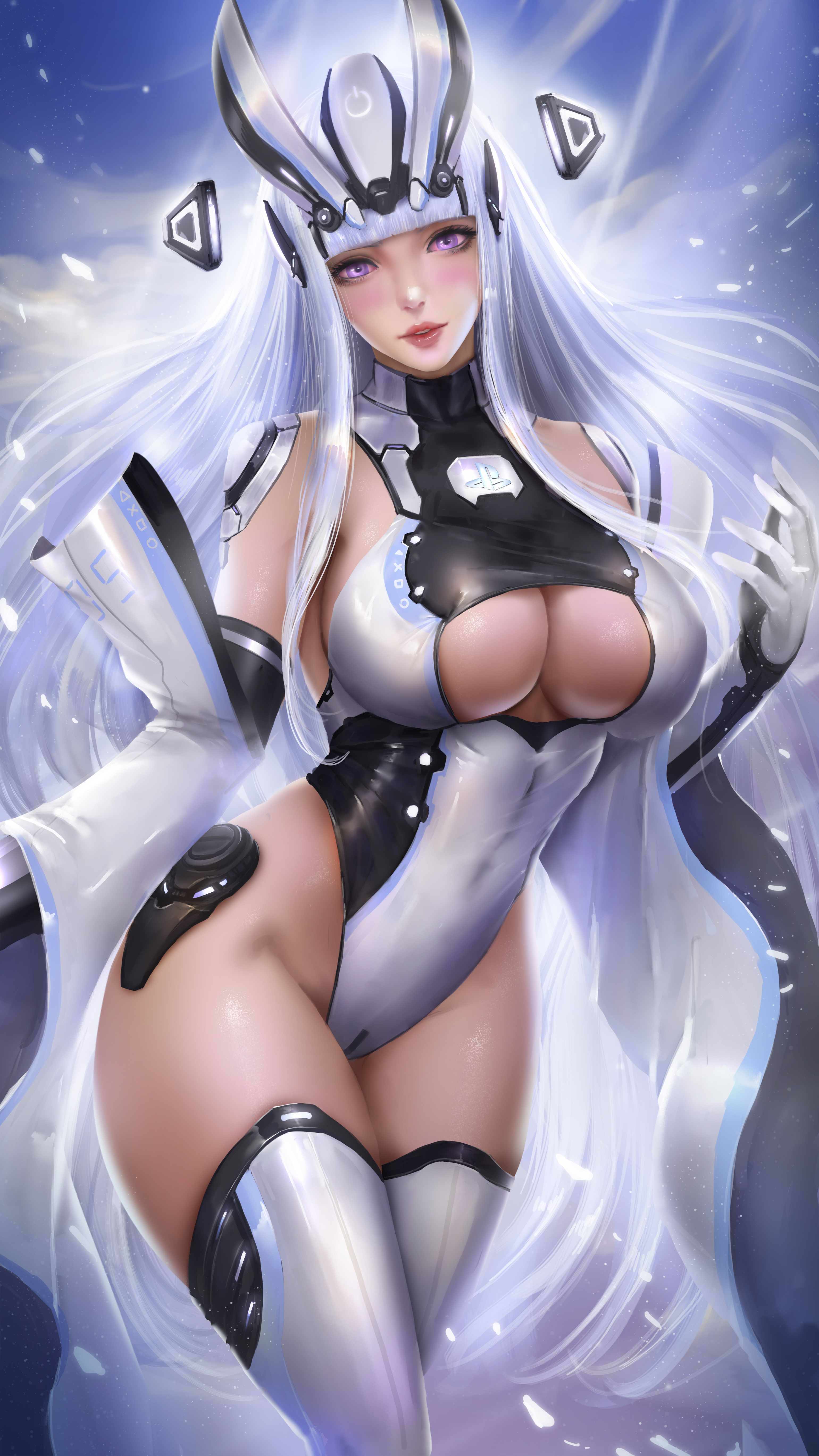 General 3080x5476 fantasy girl women Playstation 5 PlayStation Sony white hair long hair bangs looking at viewer parted lips detached sleeves cleavage bodysuit thick thigh curvy thigh-highs portrait display artwork drawing digital art Windwalker Ture video games wide hips thighs big boobs PS5-chan