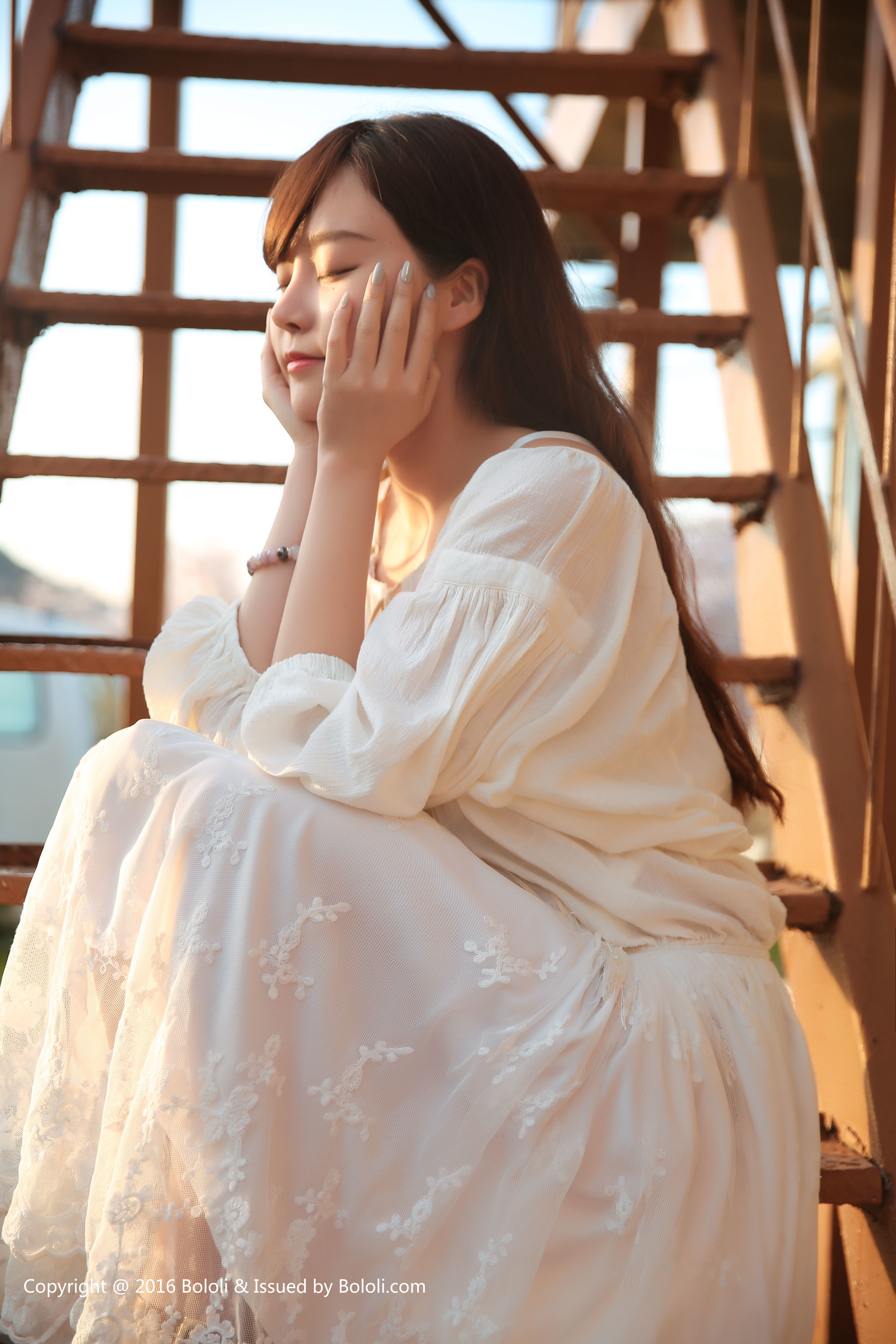 People 3840x5760 women Asian Bololi Liu You Qi white dress closed eyes hand on face painted nails sunset long hair women outdoors looking away Chinese Chinese model