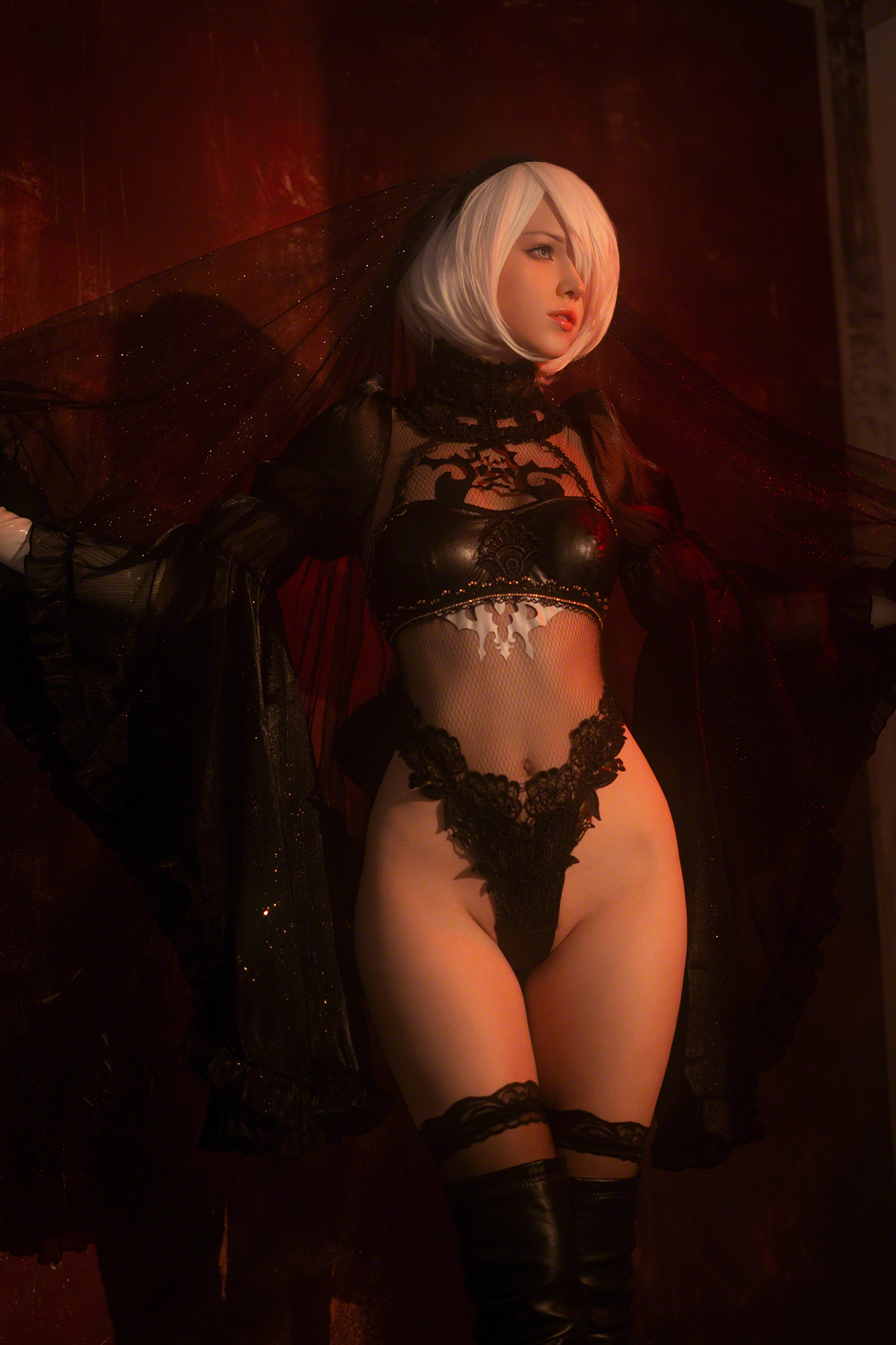 People 1333x2000 women model cosplay indoors women indoors Shirogane Sama video games video game girls video game characters 2B (Nier: Automata) Nier: Automata short hair white hair black clothing see-through clothing lingerie