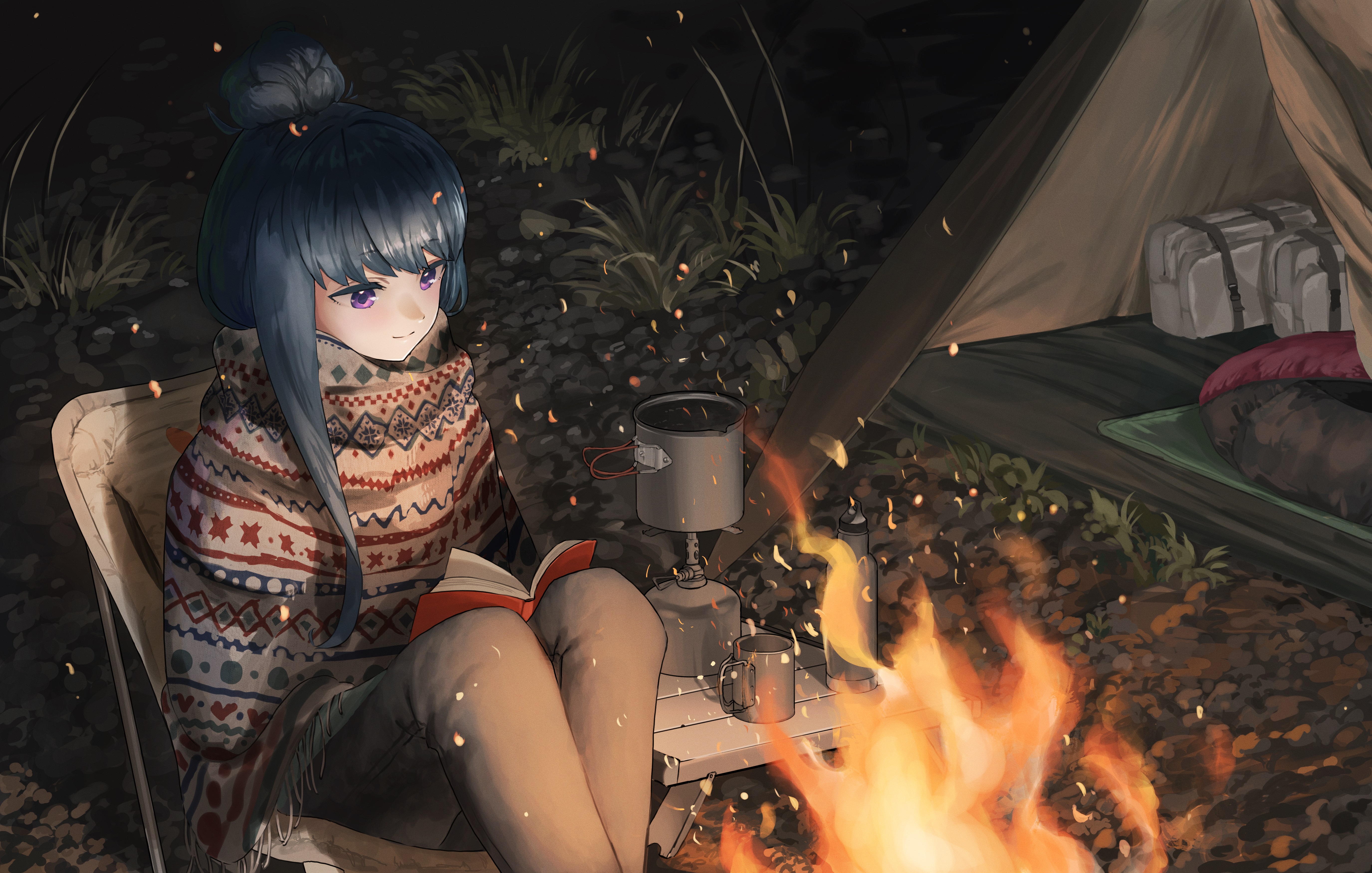 Anime 5500x3500 women anime girls blue hair fire campfire tent Yuru Camp Rin Shima