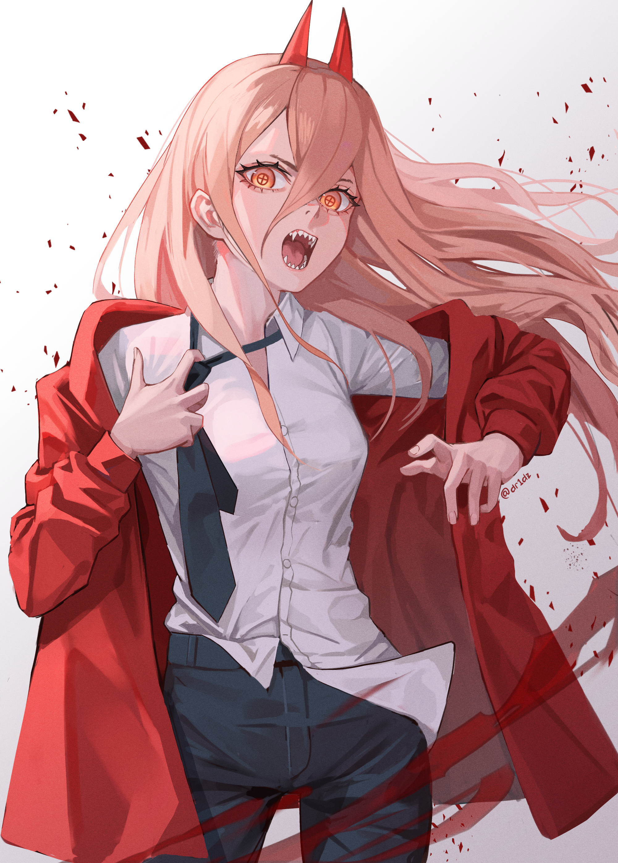 Anime 2000x2793 anime anime girls Power (Chainsaw Man) Drid Chainsaw Man fangs Pixiv teeth open mouth tie looking at viewer long hair white background