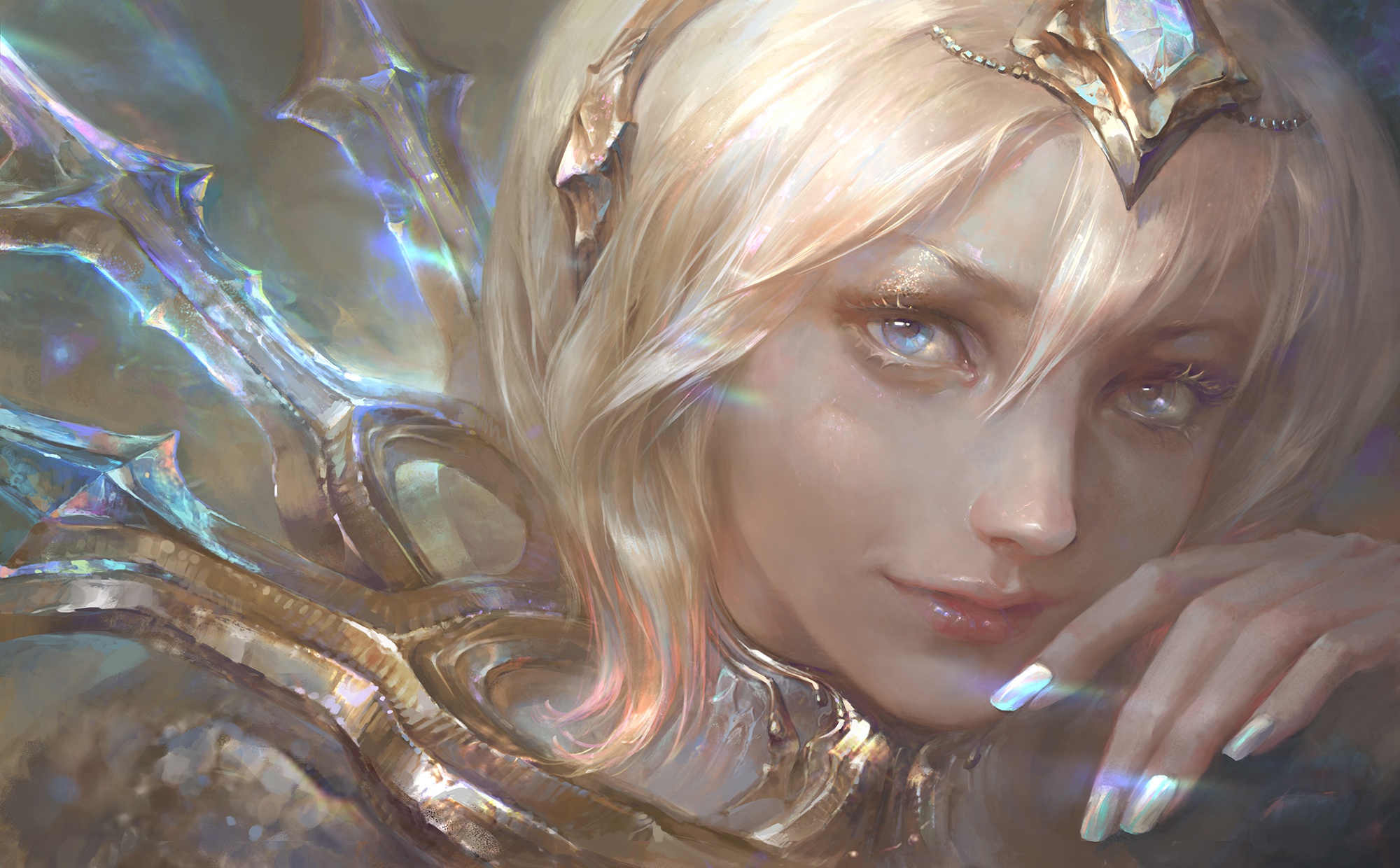 General 2000x1240 League of Legends PC gaming Lux (League of Legends) looking at viewer blonde painted nails women video games video game art video game girls fantasy art fantasy girl face blue eyes