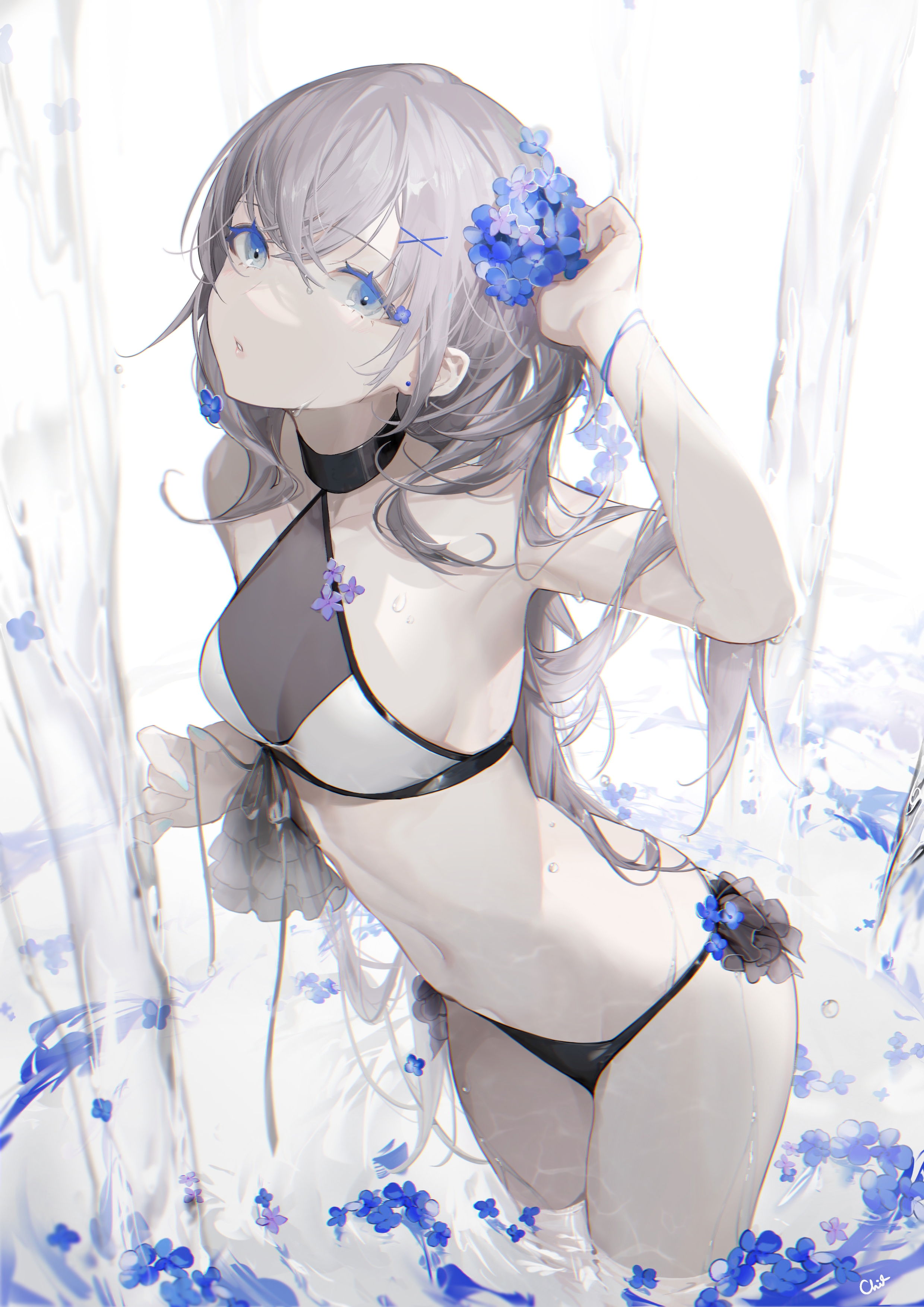 Anime 2480x3508 anime anime girls digital art artwork 2D portrait display chi4 gray hair long hair blue eyes flowers bikini belly