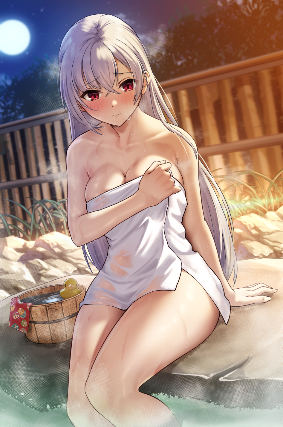 Anime 947x1426 SOLar anime anime girls artwork silver hair long hair red eyes blushing hot spring towel cleavage bathing sitting