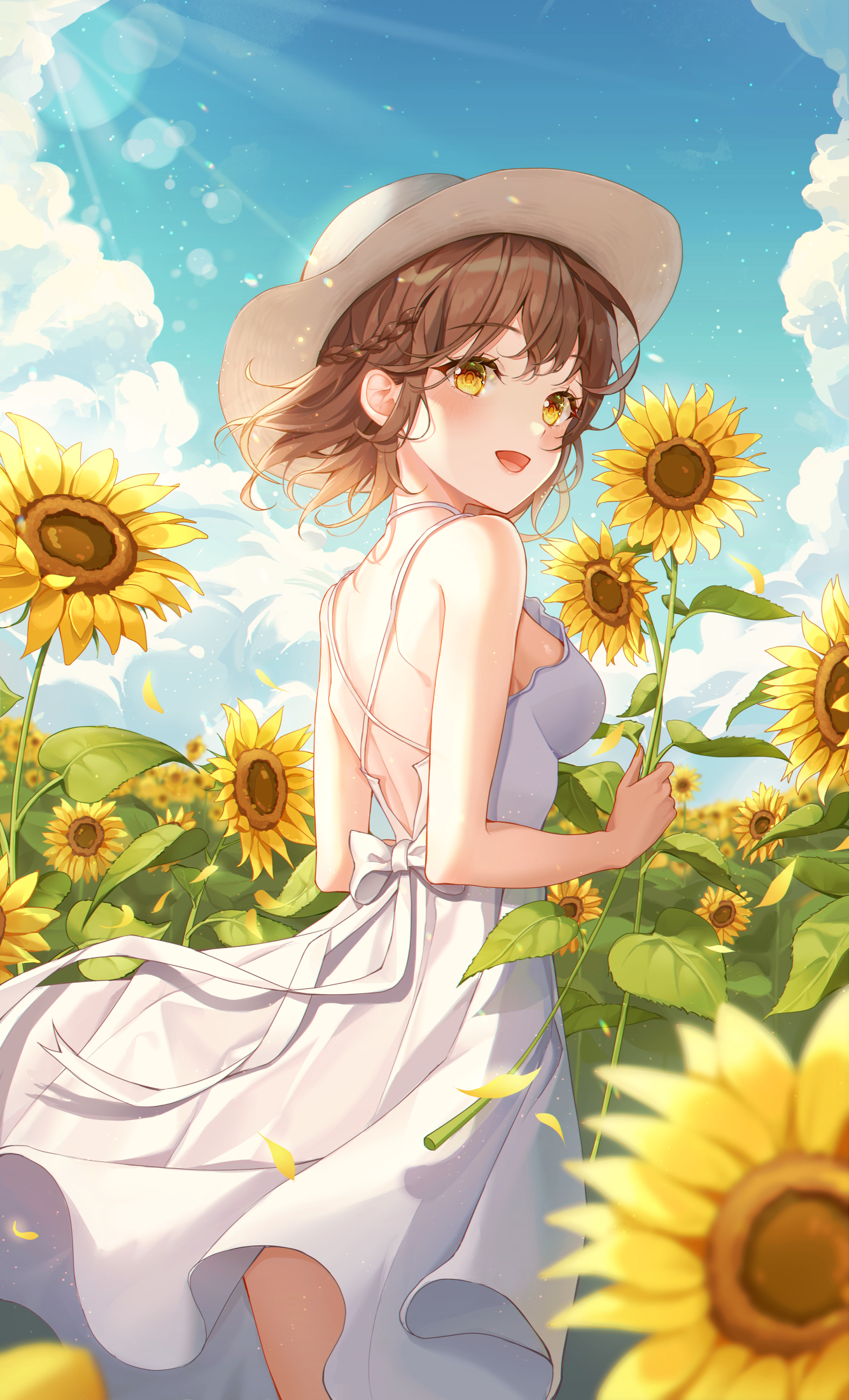 Anime 1334x2200 anime anime girls digital art artwork 2D portrait Tteulrie short hair brunette yellow eyes hat dress sun dress sunflowers bareback