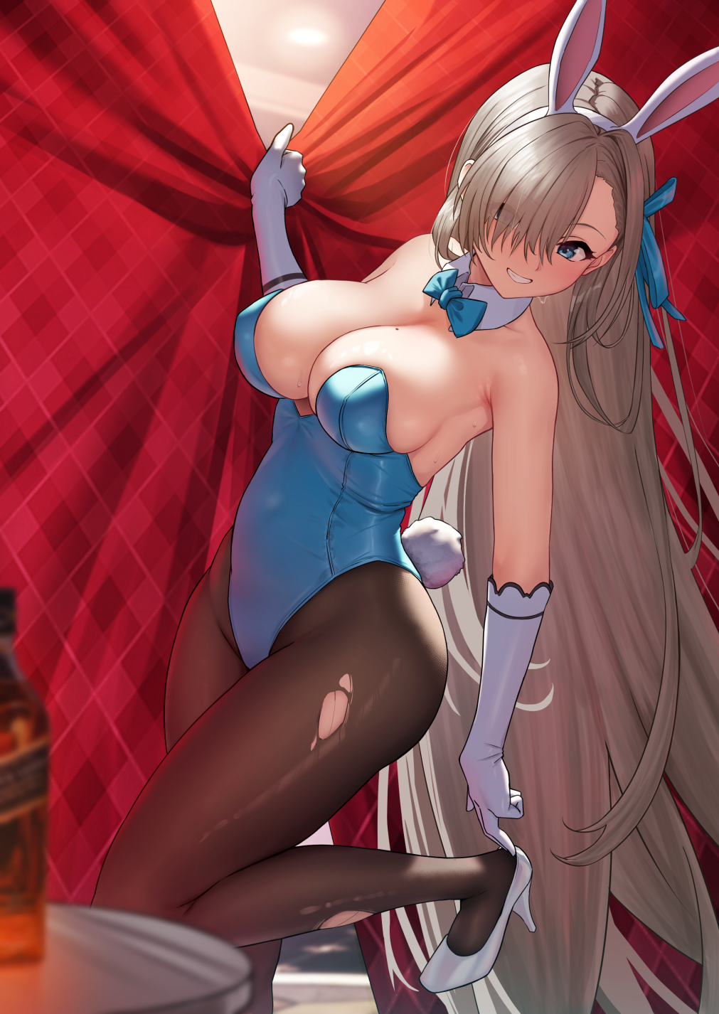 Anime 1011x1426 anime anime girls digital art artwork 2D portrait display Asuna Ichinose Blue Archive SOLar long hair gray hair blue eyes smiling bunny suit cleavage big boobs torn clothes blue leotard bunny tail blonde hair over one eye armpits white gloves